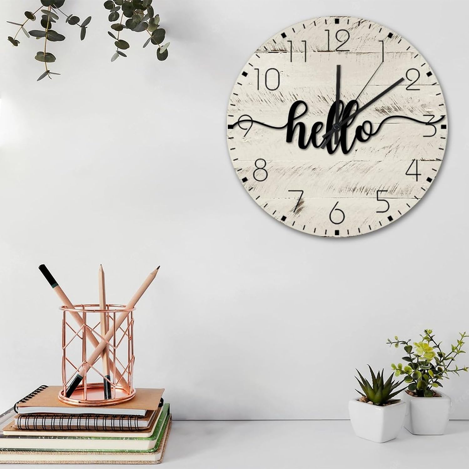 Minimalist Wood Clock Non-Ticking Quartz Battery Operated Hello Beautiful Wall Clocks Letter Monogram Script Font Home Decoration for Girls Room Hotel Cabin 15 Inch