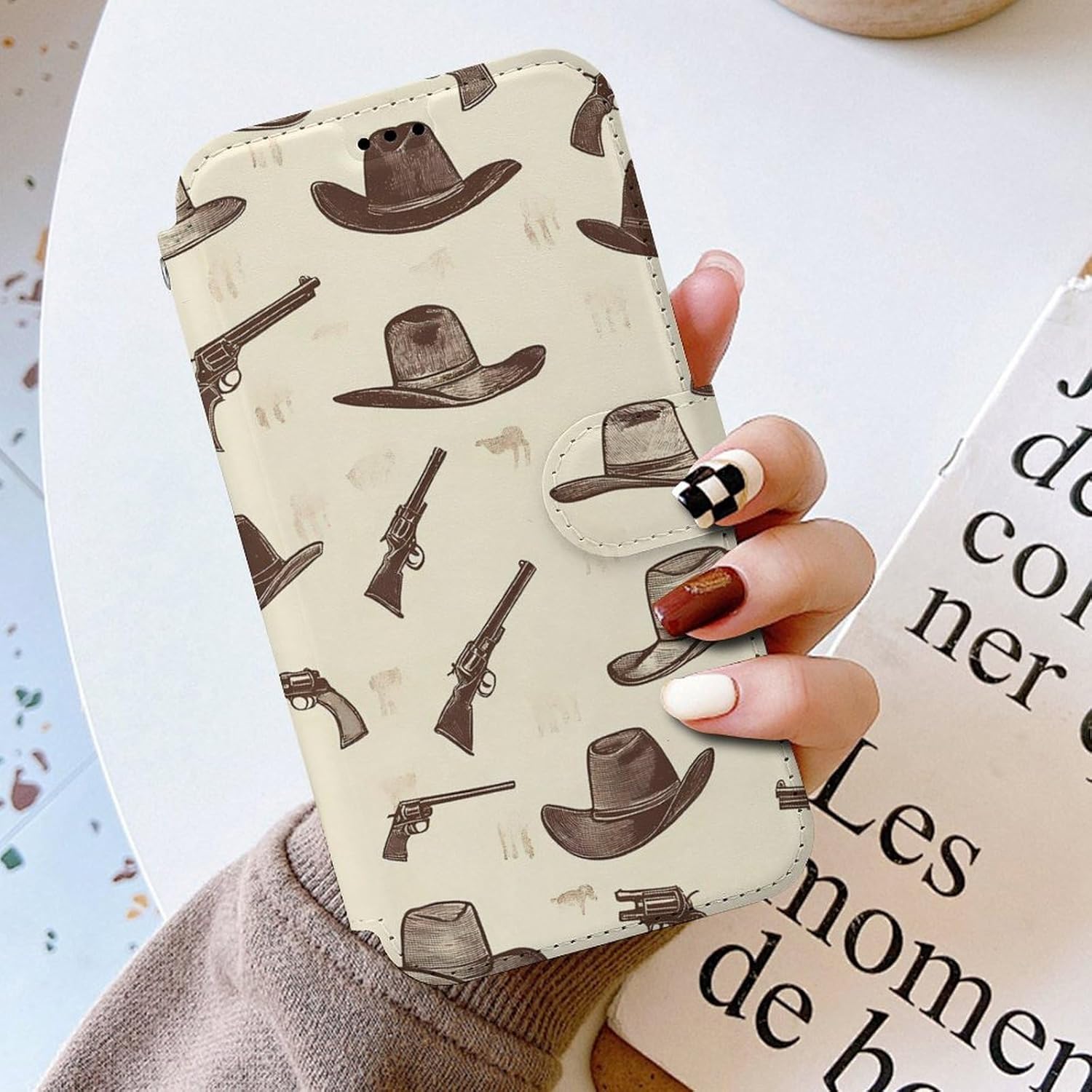Cowboys Hats Guns Compatible with iPhone 16/16 Plus/16 Pro/16 Pro Max/16 E Case Phone Wallet Card Holder Flip Cover with Wrist Strap