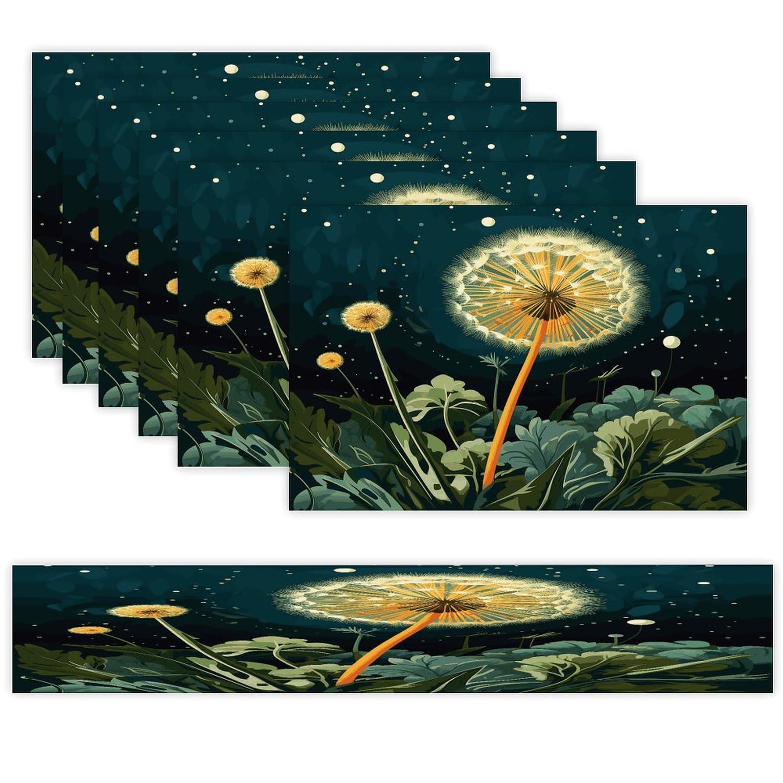 Dandelions at Night Table Runner and Placemats Set of 6 for Kitchen Washable Table Mats Heat Resistant Place Mats Non-Slip Place Mat Wipeable Placemat(6 Placemats+1 Table Runner)