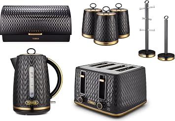 Tower Empire 1.7L 3KW Jug Kettle, 4 Slice 1600W Toaster, Bread Bin, Set of 3 Tea, Coffee & Sugar Canisters, Mug Tree & Towel Pole. Kitchen Set of 8 in Black with Brass Accents