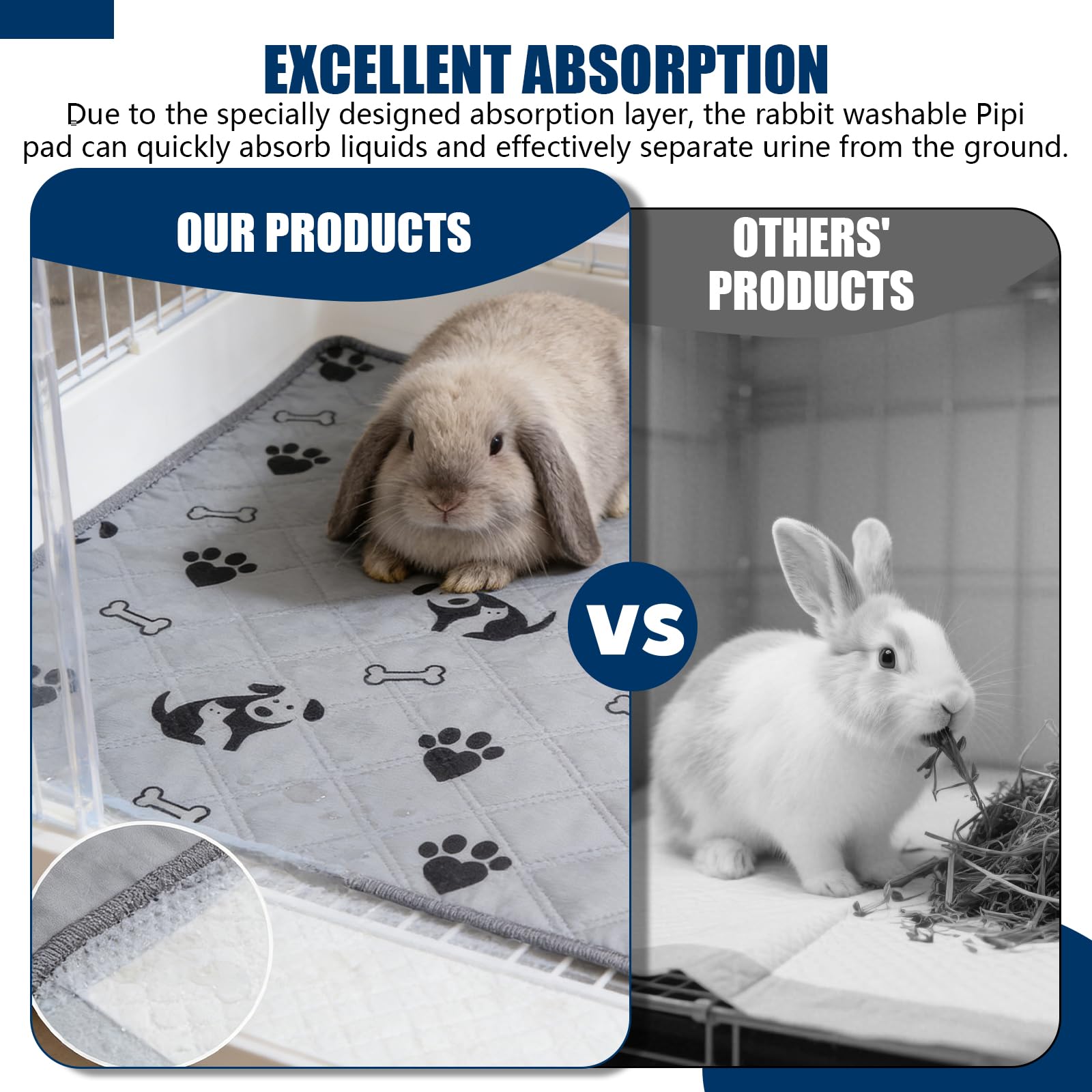 Lot de 2 tapis lavables PIPI pour lapin de 120 x 60 cm : tapis réutilisables PIPI avec antidérapant pour cage, voiture et canapé, tapis lavable pour petits animaux pour hamsters, lapins