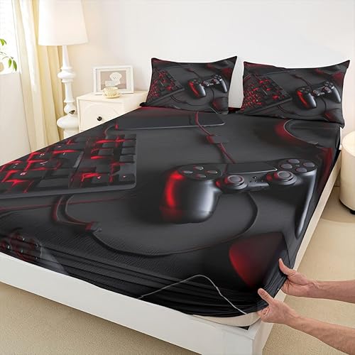 Miniatura 4 de Juego de ropa de cama para videojuegos, tamaño Queen, para niños, adolescentes, niños, color negro y rojo, sábana bajera ajustable con estampado de