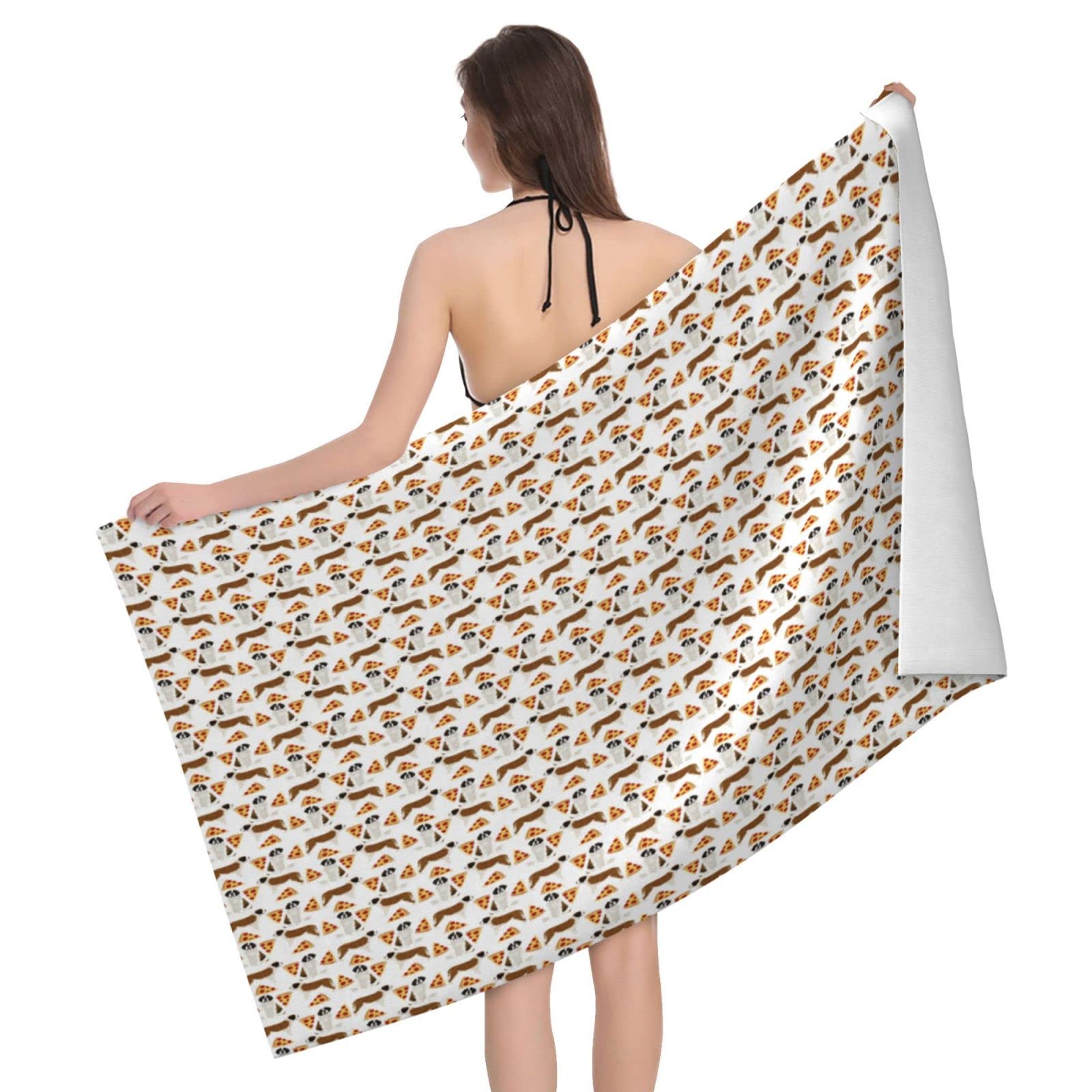 Lawenp Dog and Pizza Beach Towel, Lightweight Sand Free Quick Dry Microfiber Absorbent Bath Towel for Kids, Adults, Swimming, Bath, Yoga, Pool, Travel, Camping 32"X52"