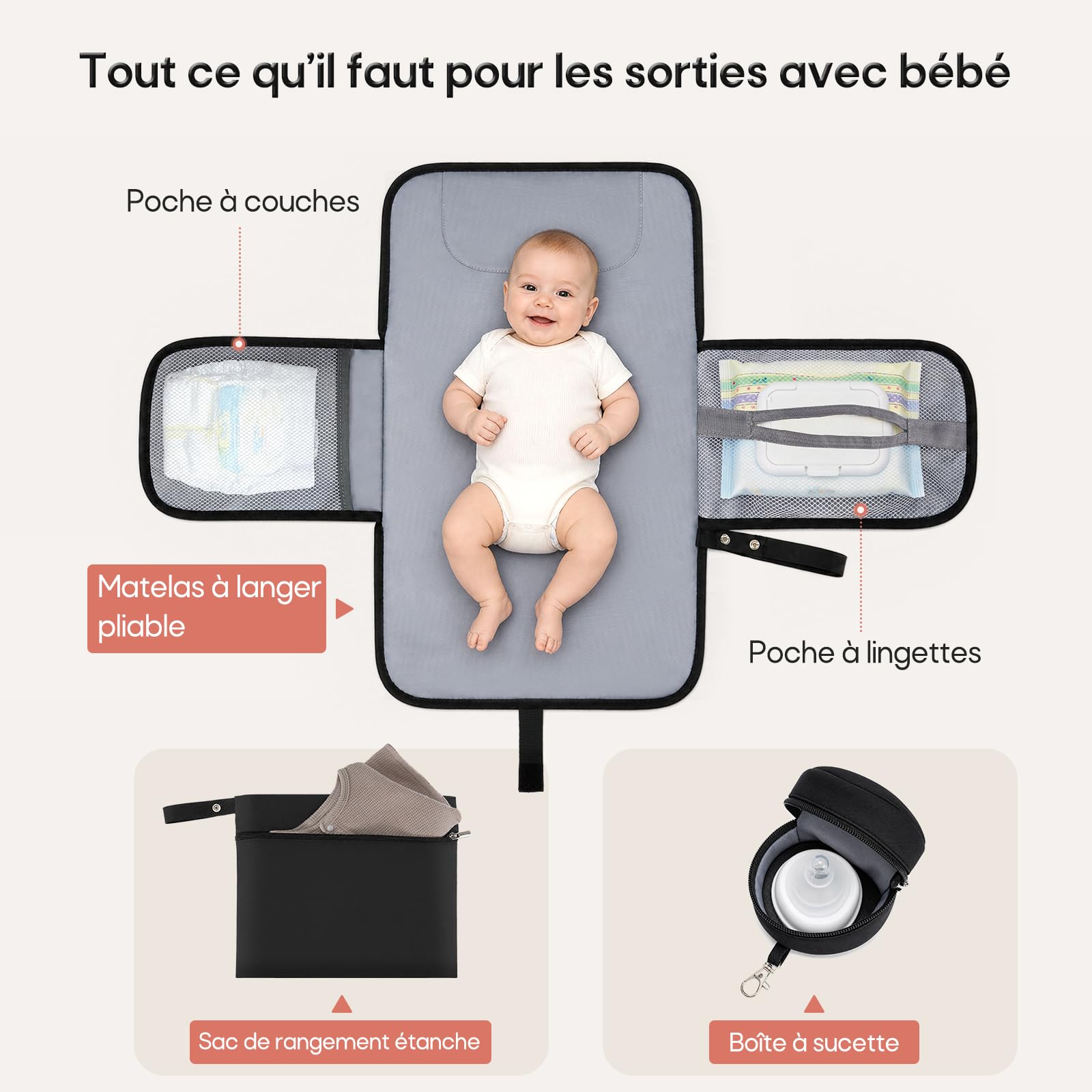 RAINSMORE Sac à dos à langer bébé avec tapis à langer grand sac à langer | Sac à langer imperméable avec boîte à tétine poche isotherme accès au biberon d'une seule main et sangles poussette intégrées