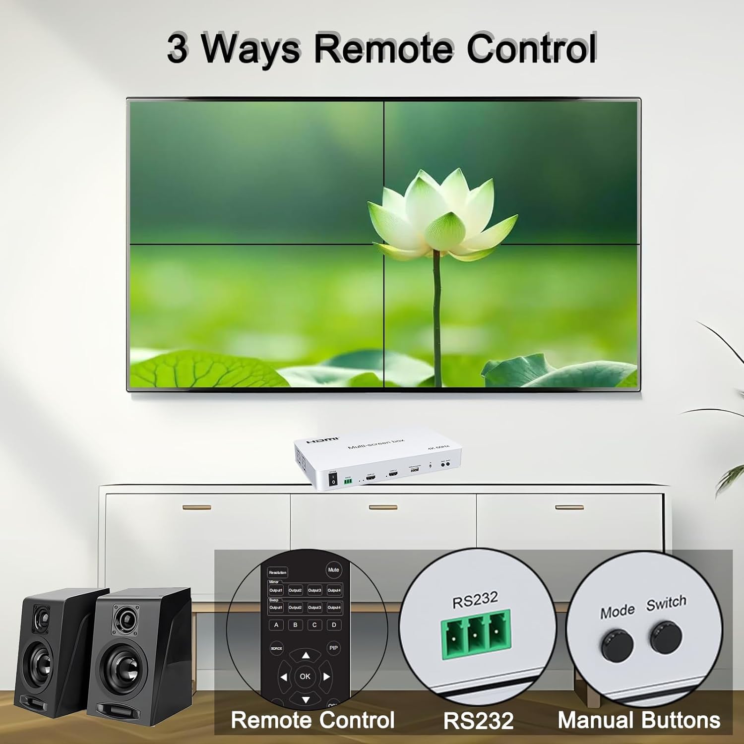 Video Wall Controller 2x2 4K60HZ, HDMI 2.0, 3840x2160@60Hz, 14 Modes, Remote & RS232 Control, mit Out Audio & Memory
