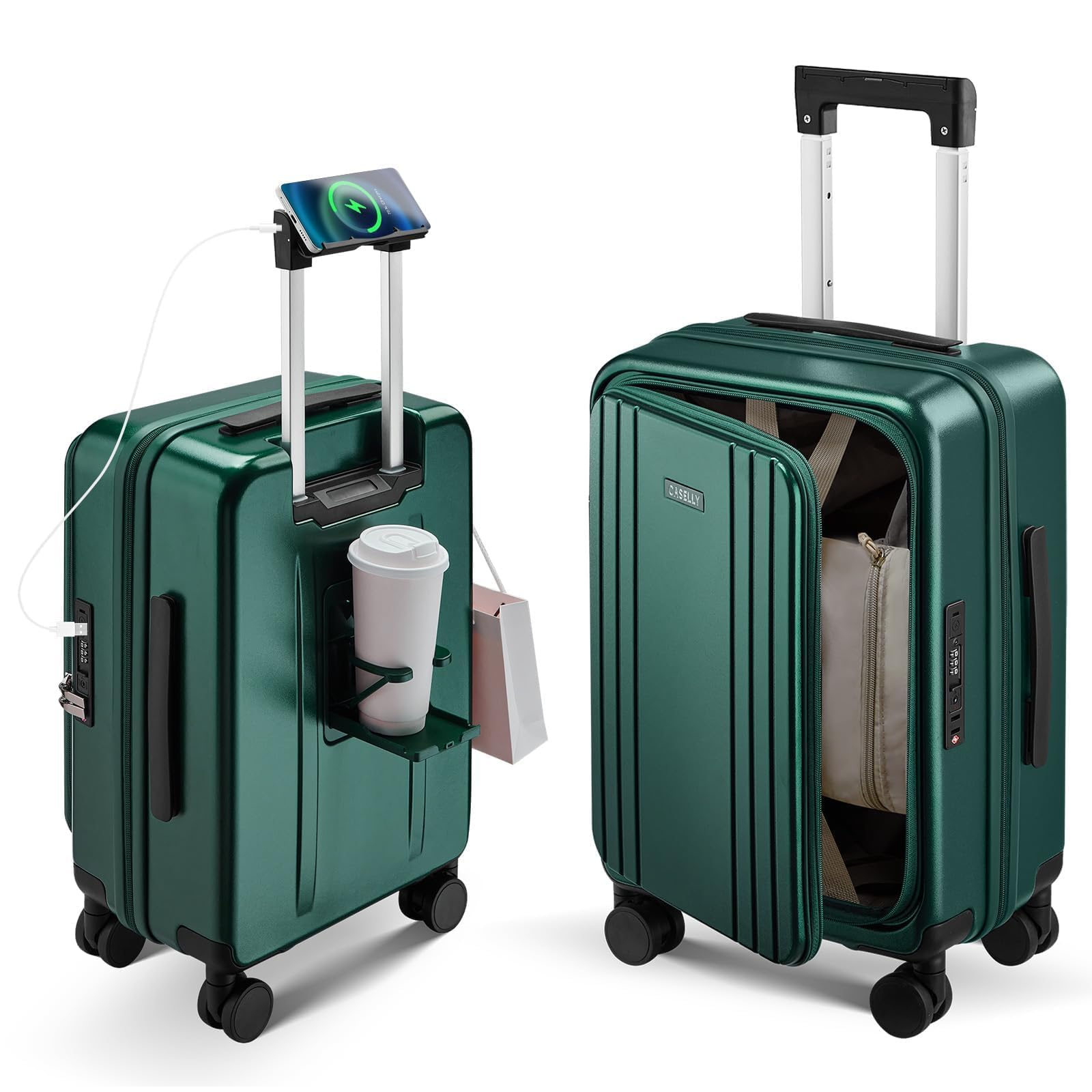 Carry On Luggage Top Opening with Cup Holder &amp; Phone Holder, Expandable PC Hard Shell Suitcase with USB Charging Port, Side Hook, 360° Spinner Wheels, TSA Lock &amp; YKK Zippers