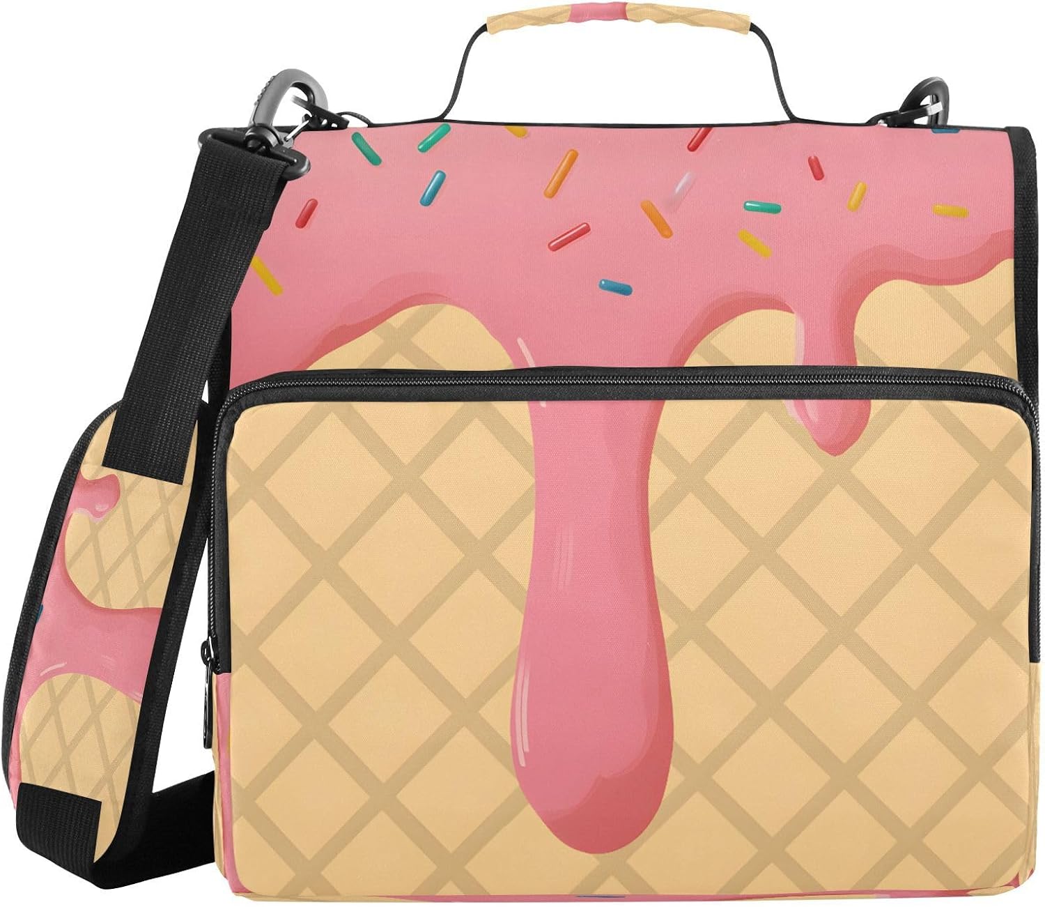 3 Ring Zipper Binder Pink Ice Cream Binders Bag with Shoulder Strap 500 Sheets Paper Organizer Trapper Keeper Documents Storage File Folder for School Office