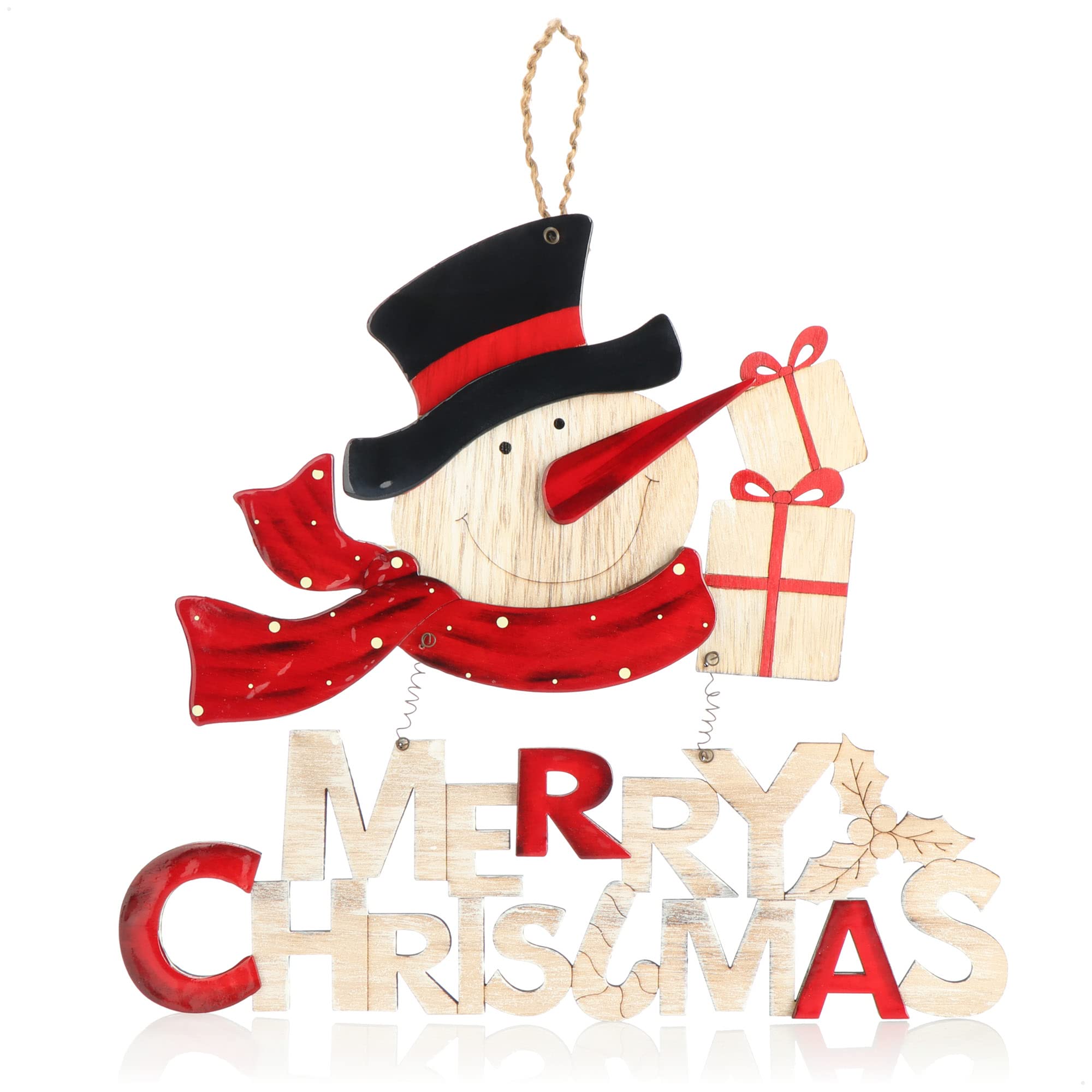 COM-FOUR® Hanging decoration Christmas - Wooden hanger lettering with snowman - Wooden door sign Christmas - Hanger for doors, walls, windows (34.5x30.5cm)