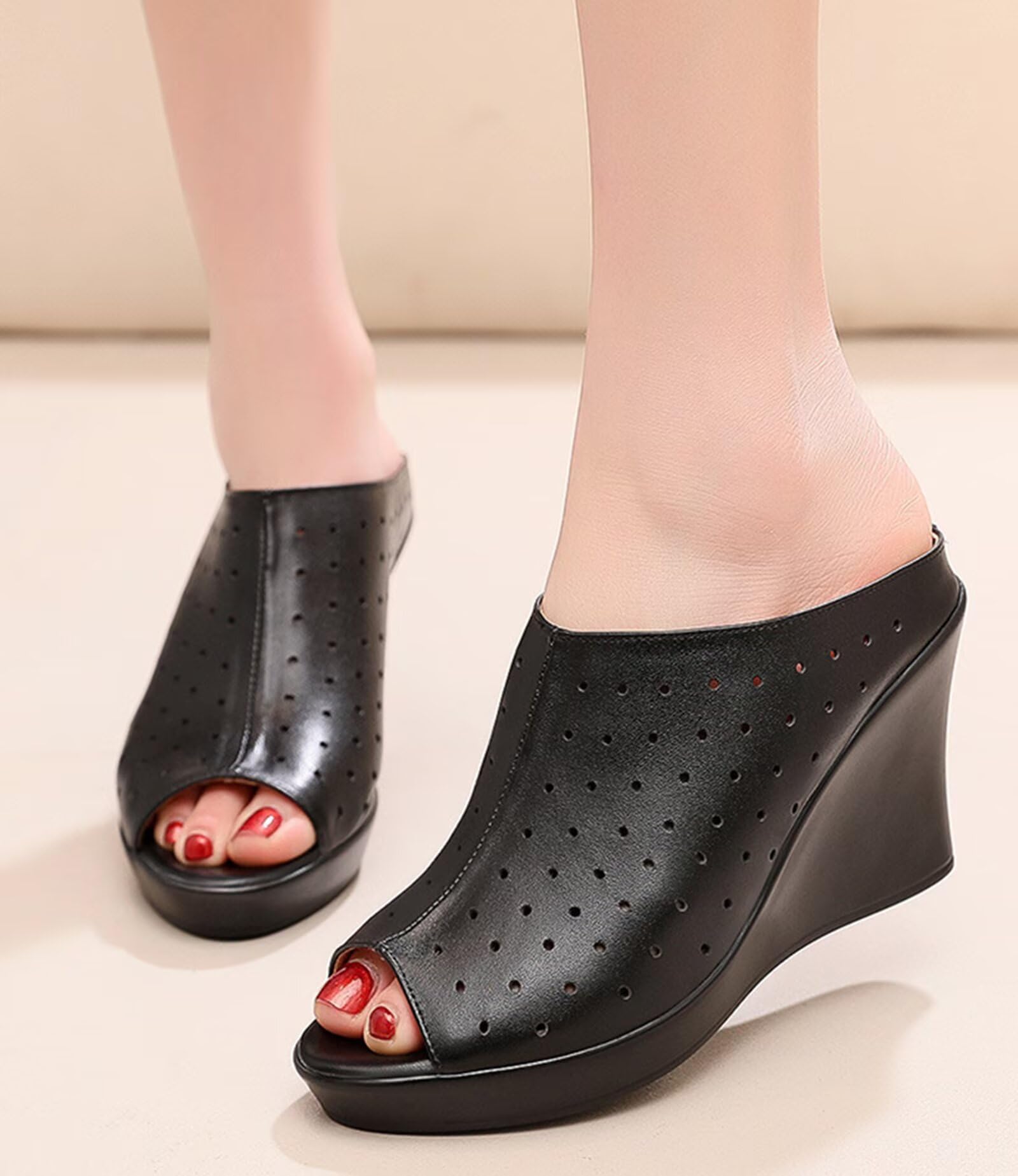 HNVAVQ Mules con Zeppa Donna in Pelle - Ciabatte Eleganti con Plateau - Sandali con Zeppa Alta per Estate, Ufficio e Feste (Tacco 8cm e 10cm)
