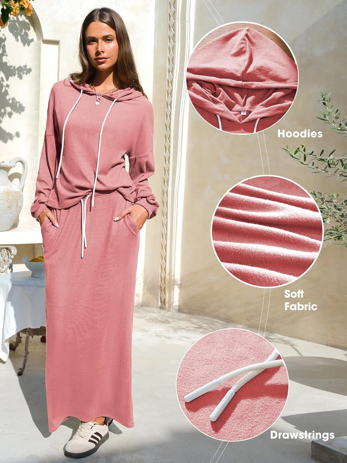 EXLURA Women 2 Piece Outfits Fall Airport Long Sleeve Hoodies Matching Long Skirt Dress Sweatsuits Lounge Sets Winter 2026 - Image 3