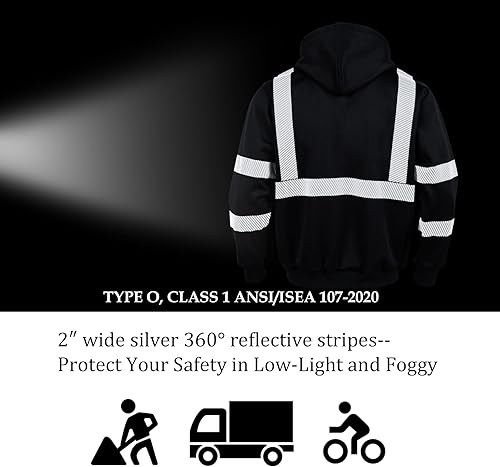 Miniatura 6 de VENDACE Sudadera de Forro Polar Reflectante de Alta Visibilidad ANSI Clase 3 para Hombres, Sudadera con Capucha de Alta Visibilidad con Cremallera