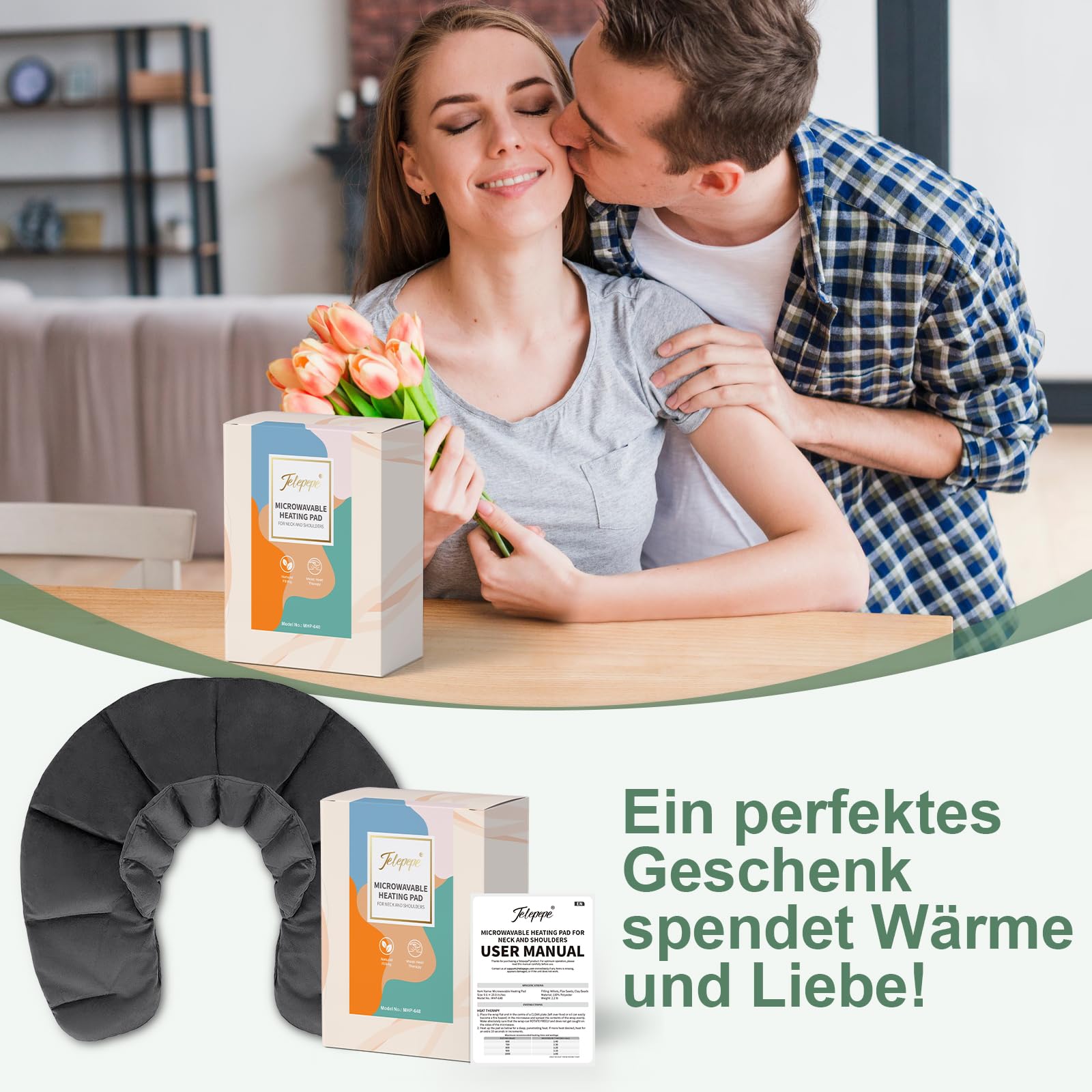 Körnerkissen Nacken Schulter für Mikrowelle, Kirschkernkissen Nacken Schulter, Nackenkissen mit Kragen,100% natürliche Füllungen Geschenke für die Familie, Wärme-/Kältetherapie(Grau)