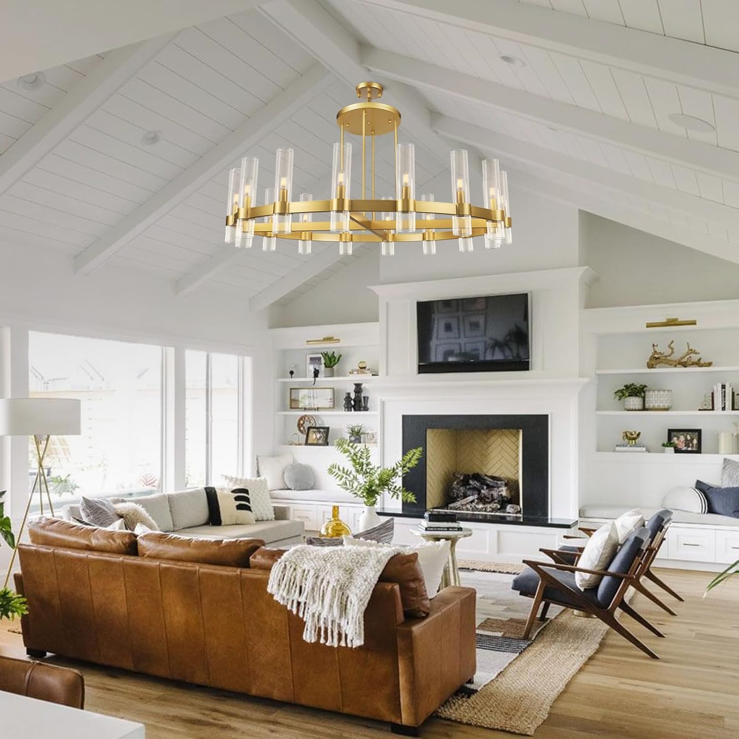 Modern 48" Gold Wagon Wheel Chandelier, Brass Round Chandeliers for Dining Room,16-Light Farmhouse Living Room Chandelier with Glass Tube for Bedroom,Staircase, Foyer, Entryway, Includes Bulbs
