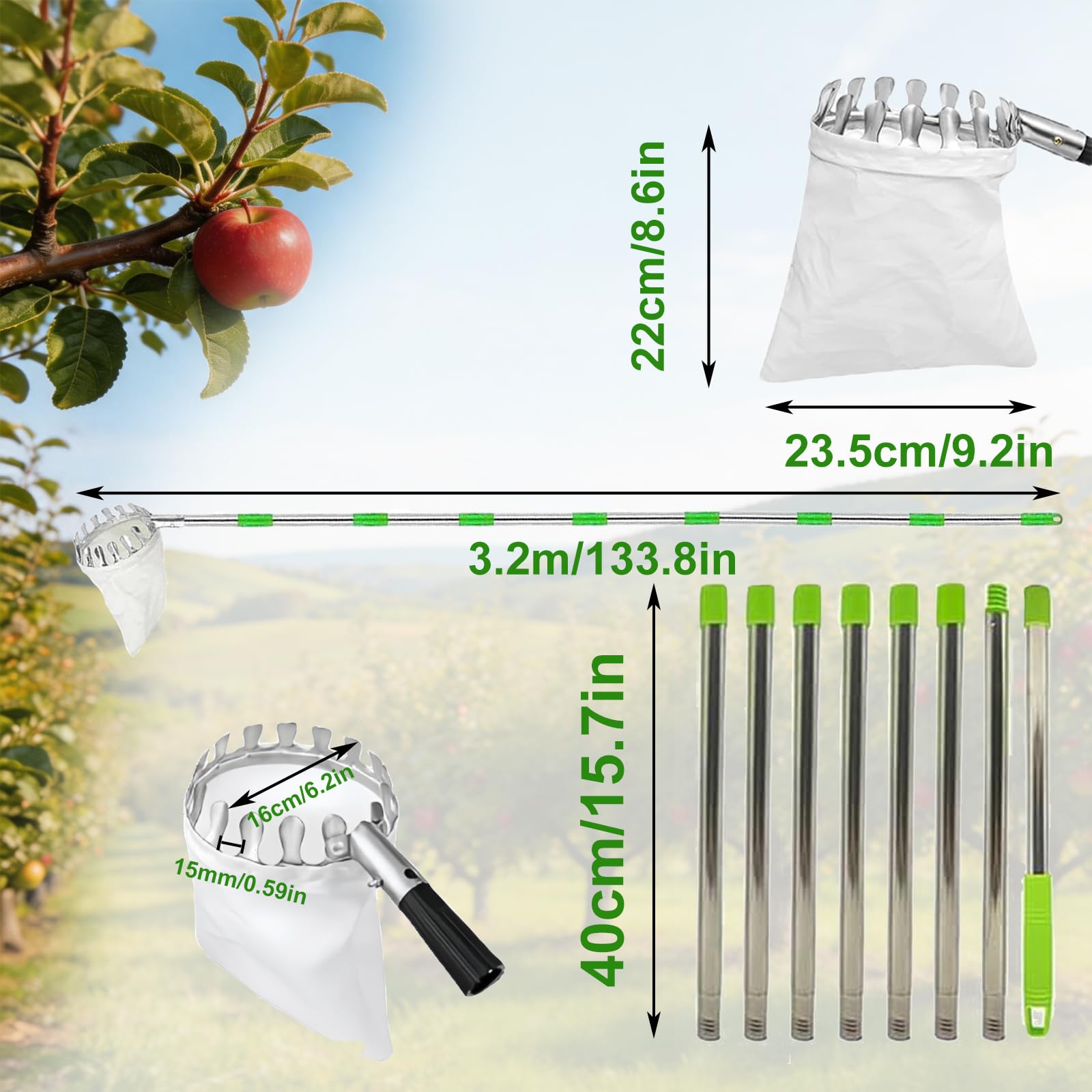 Recogedor de Frutas Telescópico 3.2 m Diámetro 16 cm, Recoge Frutas de Acero Inoxidable con Bolsa de Tela, Recolector para Manzanas Cítricos Cerezas Peras, Herramienta para Árboles Frutales