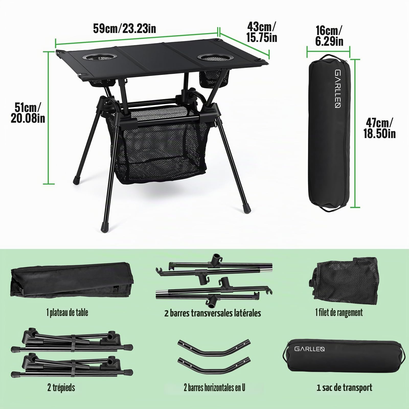 GARLLEN Table de Camping Pliante 59 x 43 x 51cm,avec Rangement Net-Noir