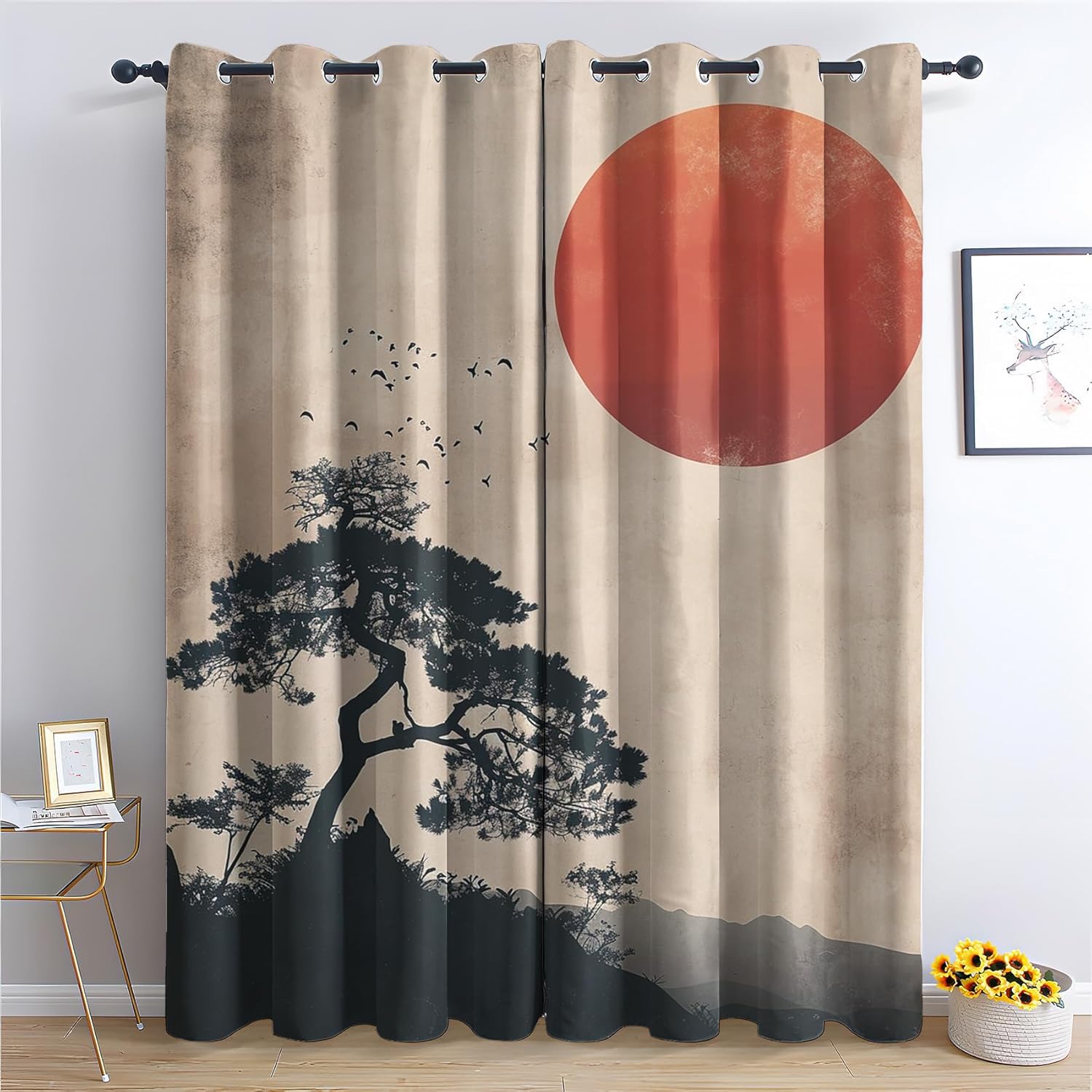 DlaQoryx Japanese Landscape Blackout Curtain Asian Oriental Scenery Eyelet Curtains, Living Room Bedroom Home Decor Window Drapes, 46x72 Inch Thermal Curtain 2 Panels