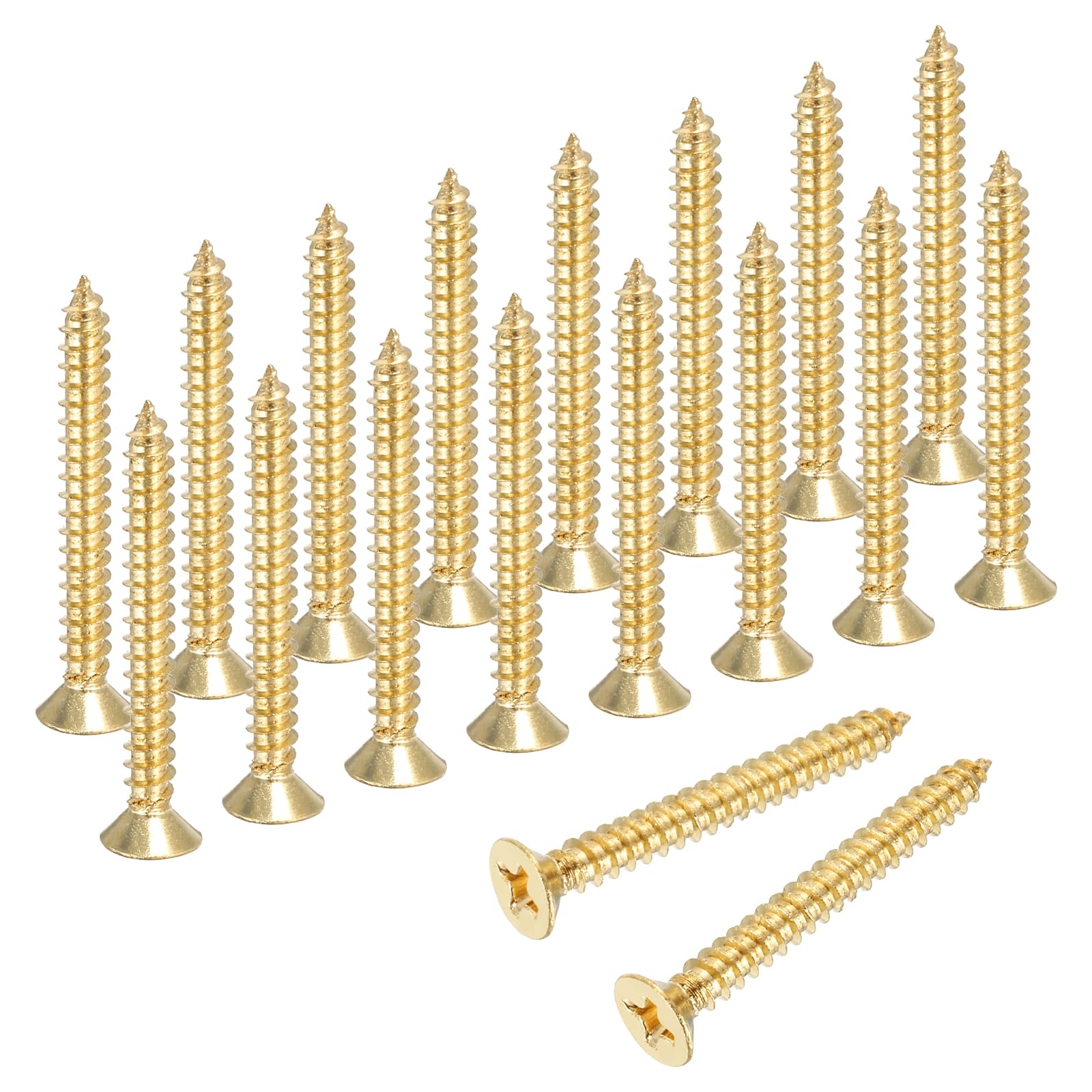sourcing map Brass Phillips Wood Screws, M3.5 x 30mm Brass Phillips Flat Wood Screws Self-Tapping Furniture Connector for Door Hinges, Wood Crafts and DIY Projects,(Gold Tone, Pack of 18)