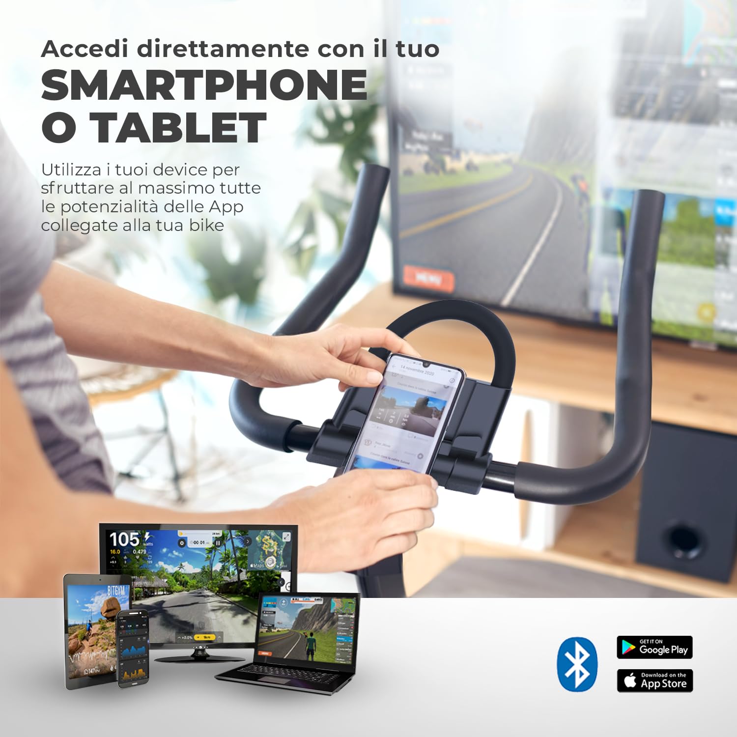 YM SPINN BIKE 1500 Bicicletta Cyclette Da Casa, Supporto Smartphone e Tablet, Sella Regolabile, Bluetooth, APP Kinomap, Zwift, Bitgym, Fithome, Regolazione Tensione, Compatta, Altezza max utente 170cm