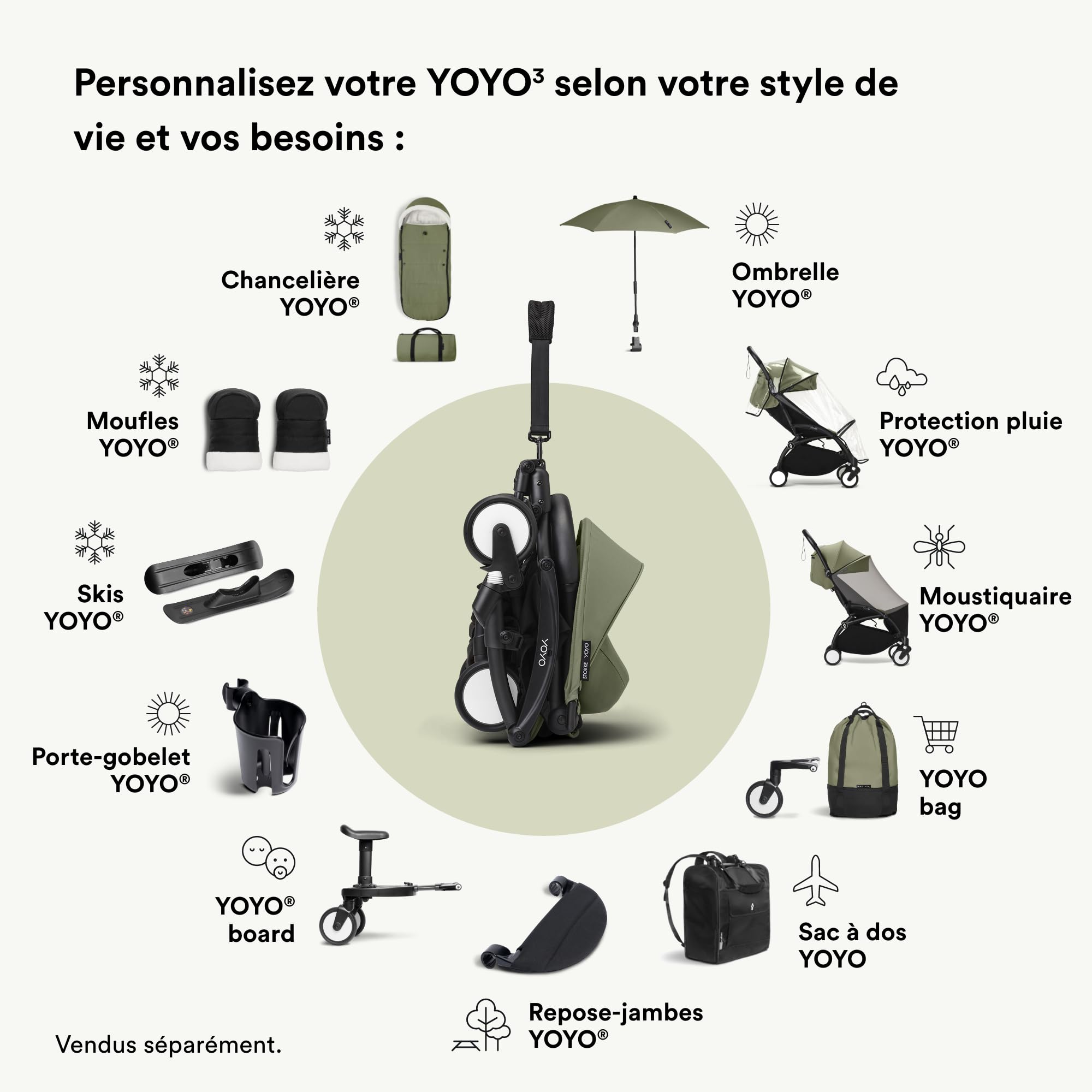 Stokke YOYO Pack couleur 6+ Olive - Textiles : Coussin d’assise, capote extensible avec fenêtre et pochette arrière zippée