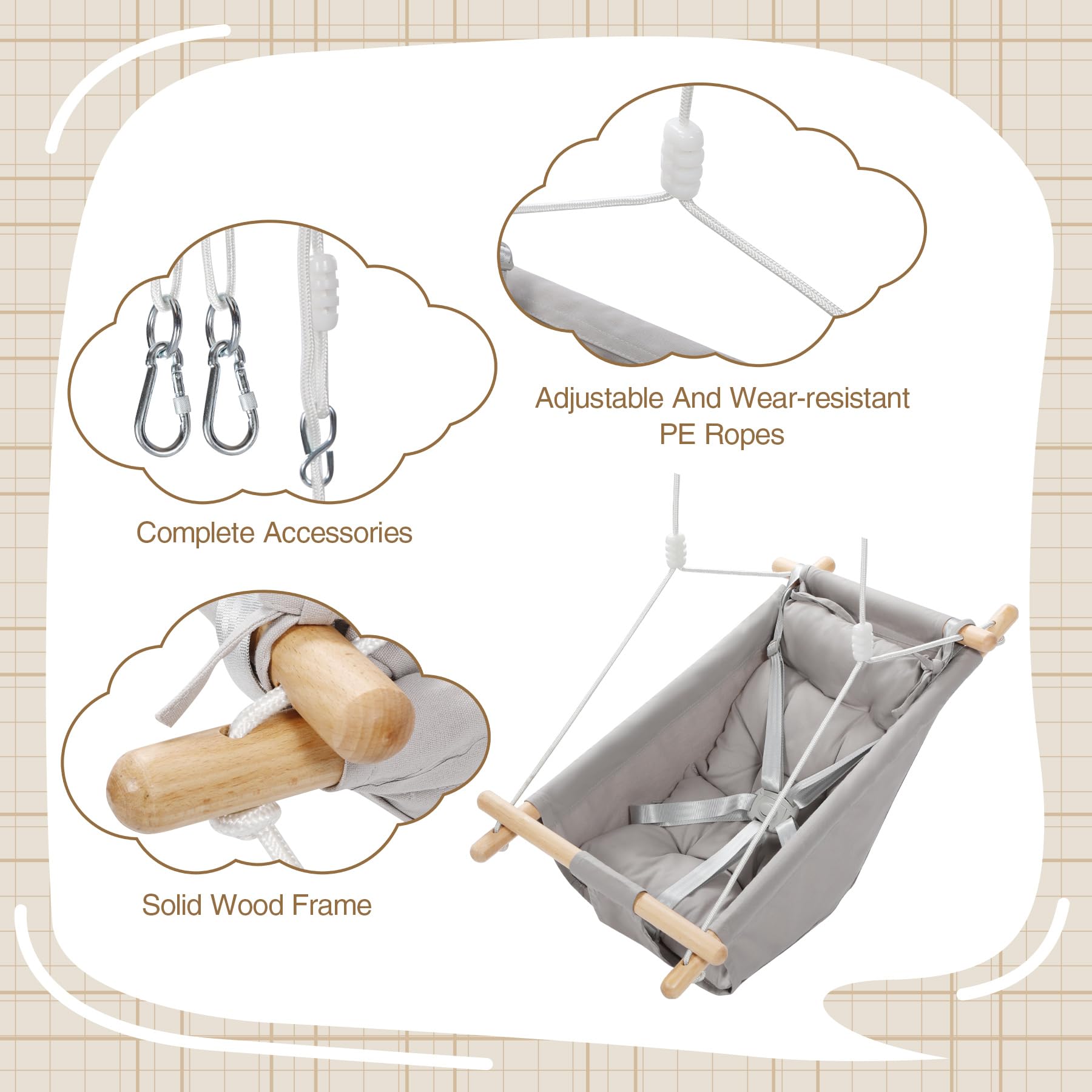 REDCAMP Altalena 3 in 1 con cintura a 5 punti, cotone traspirante e legno, per interni ed esterni, fino a 50 kg, altalena per bambini a partire dai 6 mesi in su (grigio)
