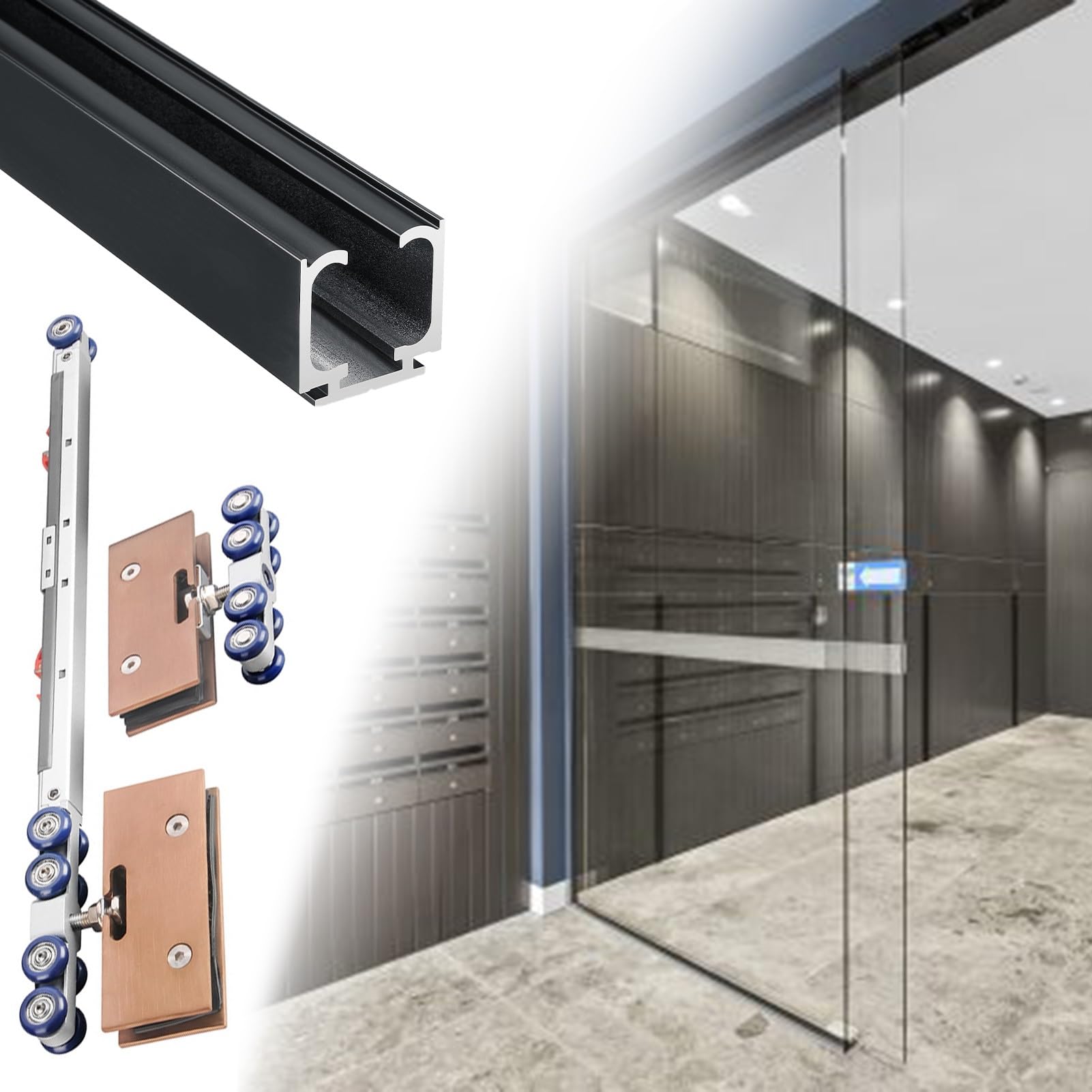 YDHSIKK Glass Sliding Door Track, Glass Pocket Door Track Soft Close Hardware Kit Multicolor Multiple Sizes(Black,1.7m/5.6ft)