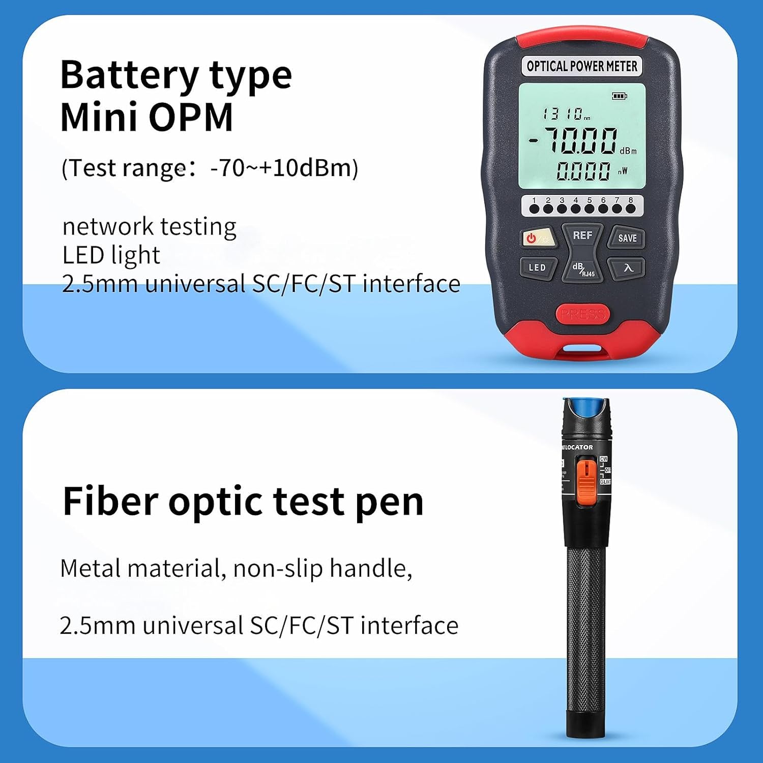 Fiber Optic Terminal kit 9-in-1 FTTH Tool kit Equipped with S-6C Optical Fiber Cleaver and high Precision Optical Power Meter D7 (-70~+10dBm) Well as Wire Stripper Fibre Tool kit