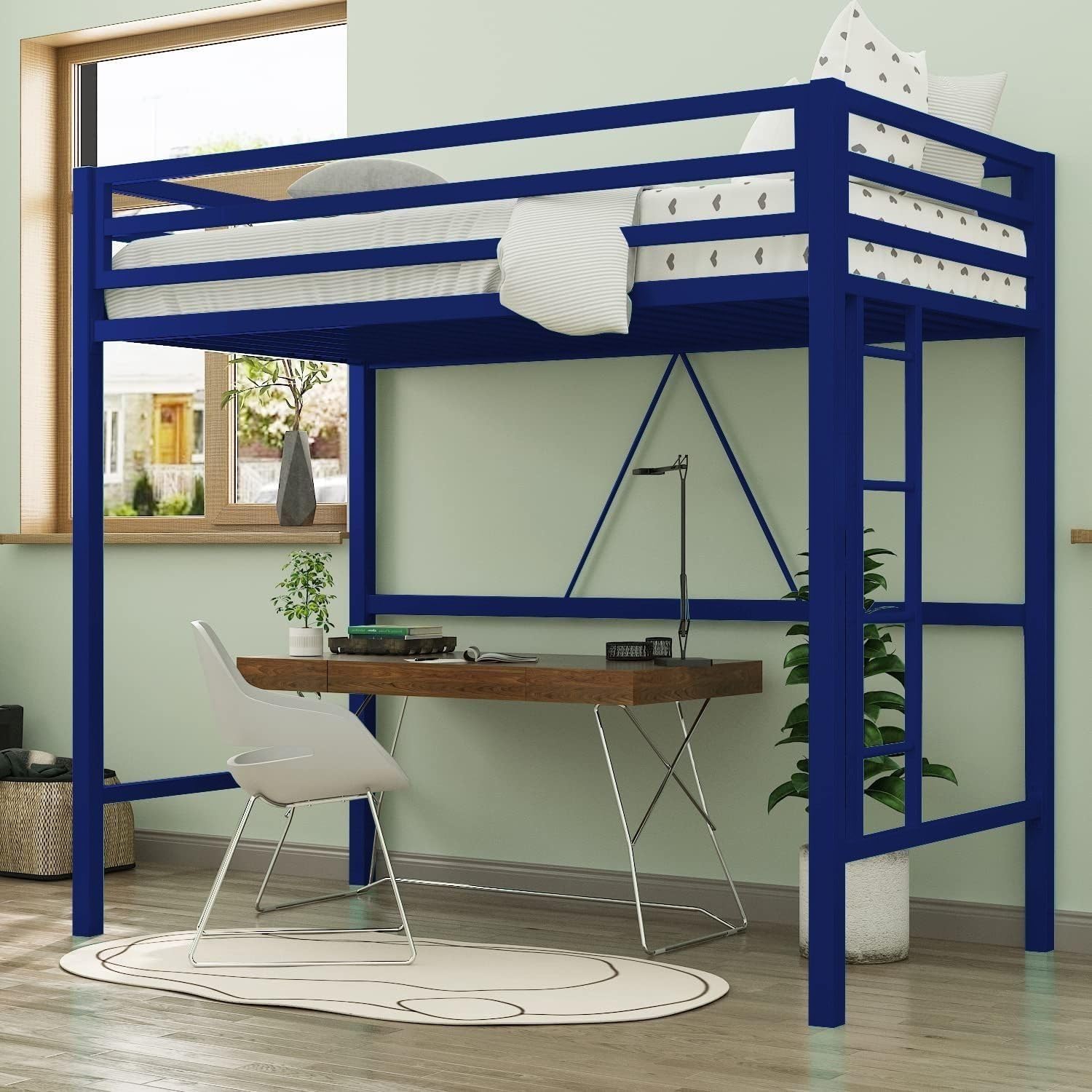 Metal Loft Bed Twin Size, Multifunctional Bed for Junior/Adult with Sturdy Safety Guard Rail & Removable/Detachable Ladder, Space-Saving Design, Noise Free, Powder Coated (Blue)-image-2