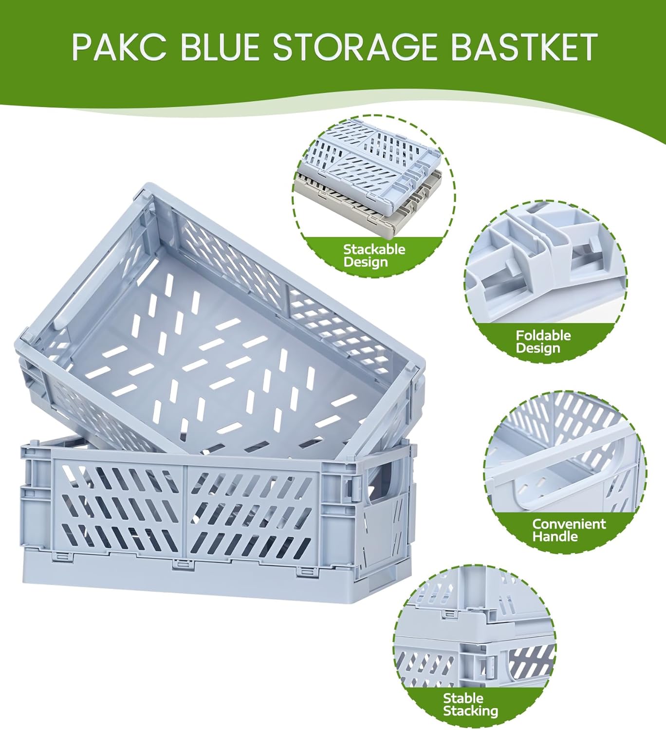 HUUSMOT 4-Pack Small Pastel Plastic Storage Baskets, Collapsible Crates for Organizing, Space-Saving Mini Bins for Classroom, Kitchen, Office, Bedroom (Blue, 9.8" x 6.5" x 3.8")