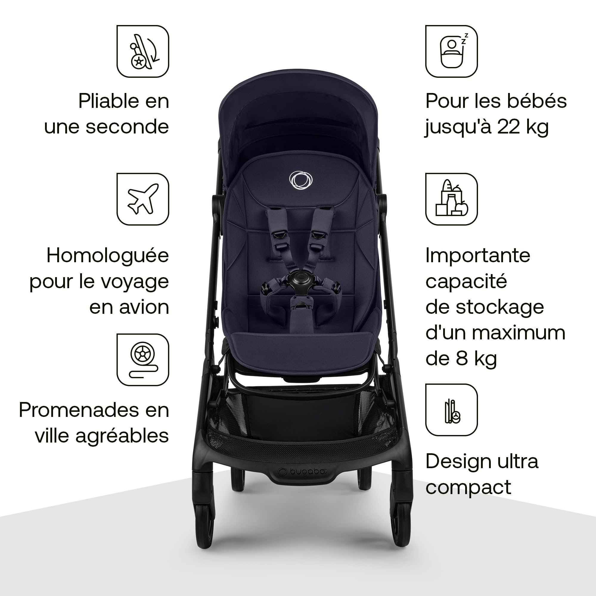 Bugaboo Butterfly 2 Poussette de voyage – Systèmes modulaires avec poignée et housse de pluie – Léger, pliable avec une main, assise inclinable, de 6 mois à 4 ans – Deep Indigo