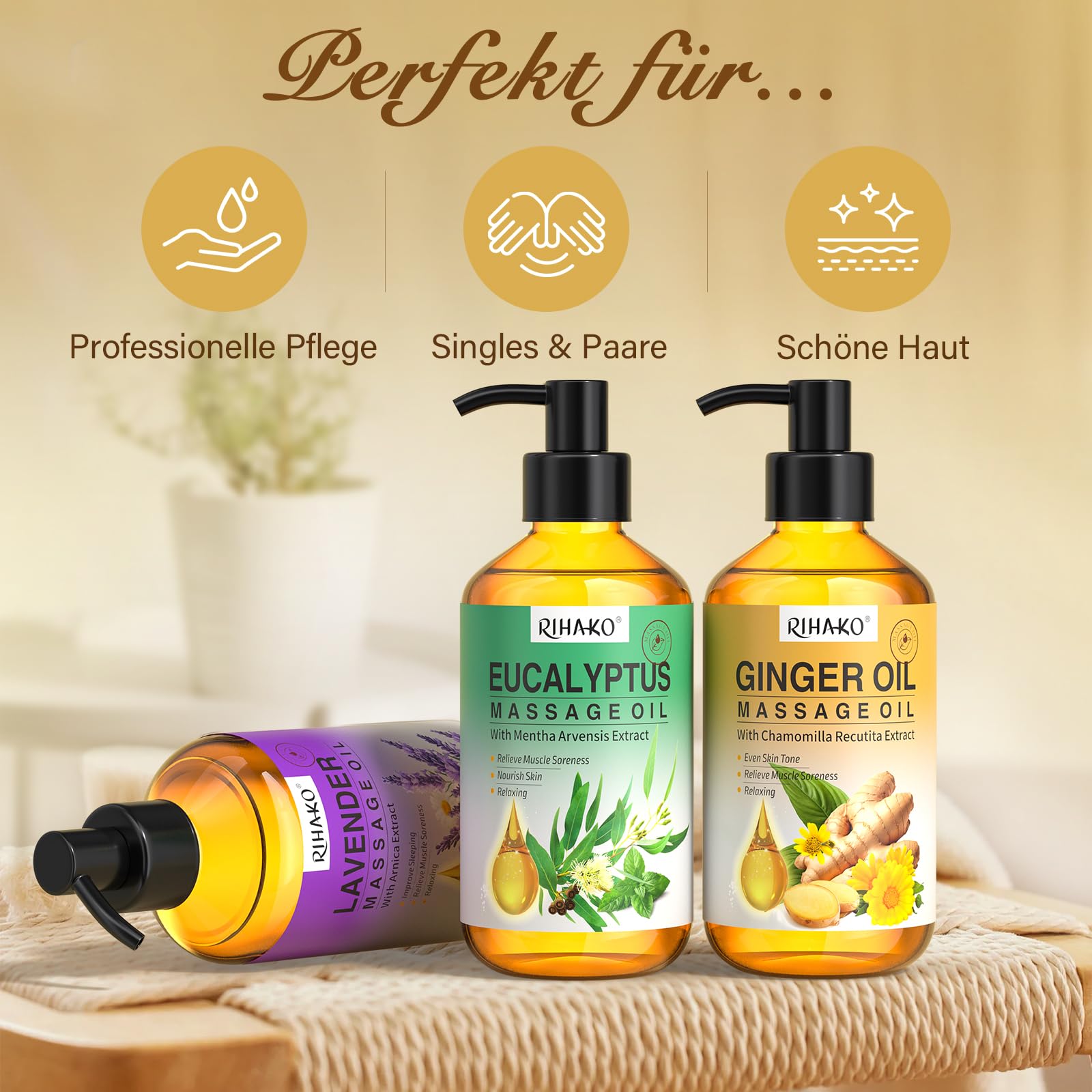 Zestaw olejków do masażu, olejku imbirowego, olejku lawendowego, eukaliptusa oraz piłki do masażu na randkę, Zestaw olejków do masażu na randkę Zestaw olejków do masażu do masażu, 3x100ml