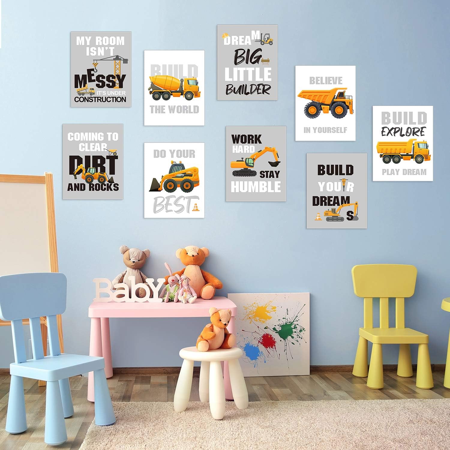 Outus Set of 9 Construction Room Decor Trucks Inspirational Quote Art Print Transport Vehicle Motivational Phrases Poster Nursery or Room Wall Art Decoration Unframed, 8 x 10 Inch