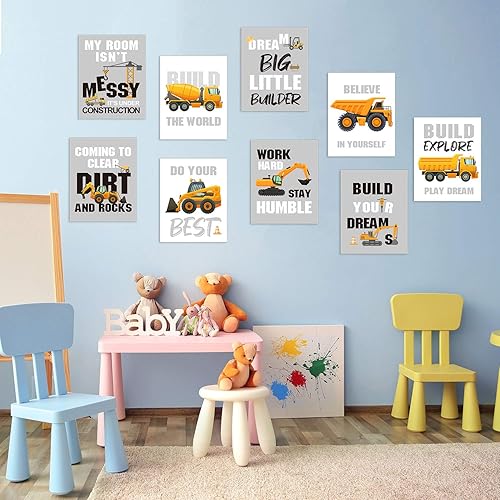 Miniatura 5 de Outus Set of 9 Construction Room Decor Trucks Inspirational Quote Art Print Transport Vehicle Motivational Phrases Poster Nursery or Room Wall Art