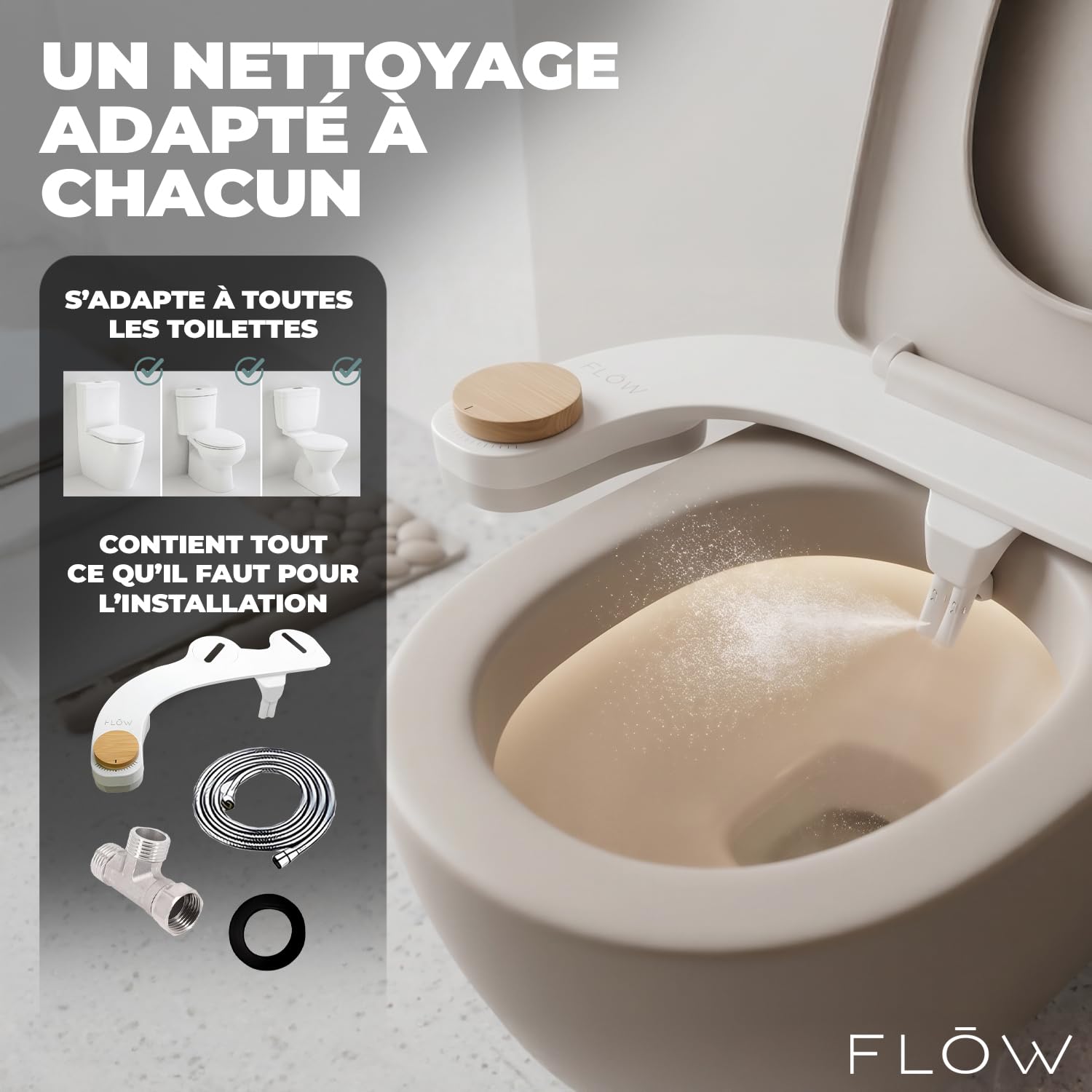 Flow® | Toilette Japonaise avec Douchette Intégrée | Bidet WC Double Buse avec Mode Féminin | Pression Réglable | Kit Complet sans Électricité | Installation Facile | OriginalCorner®