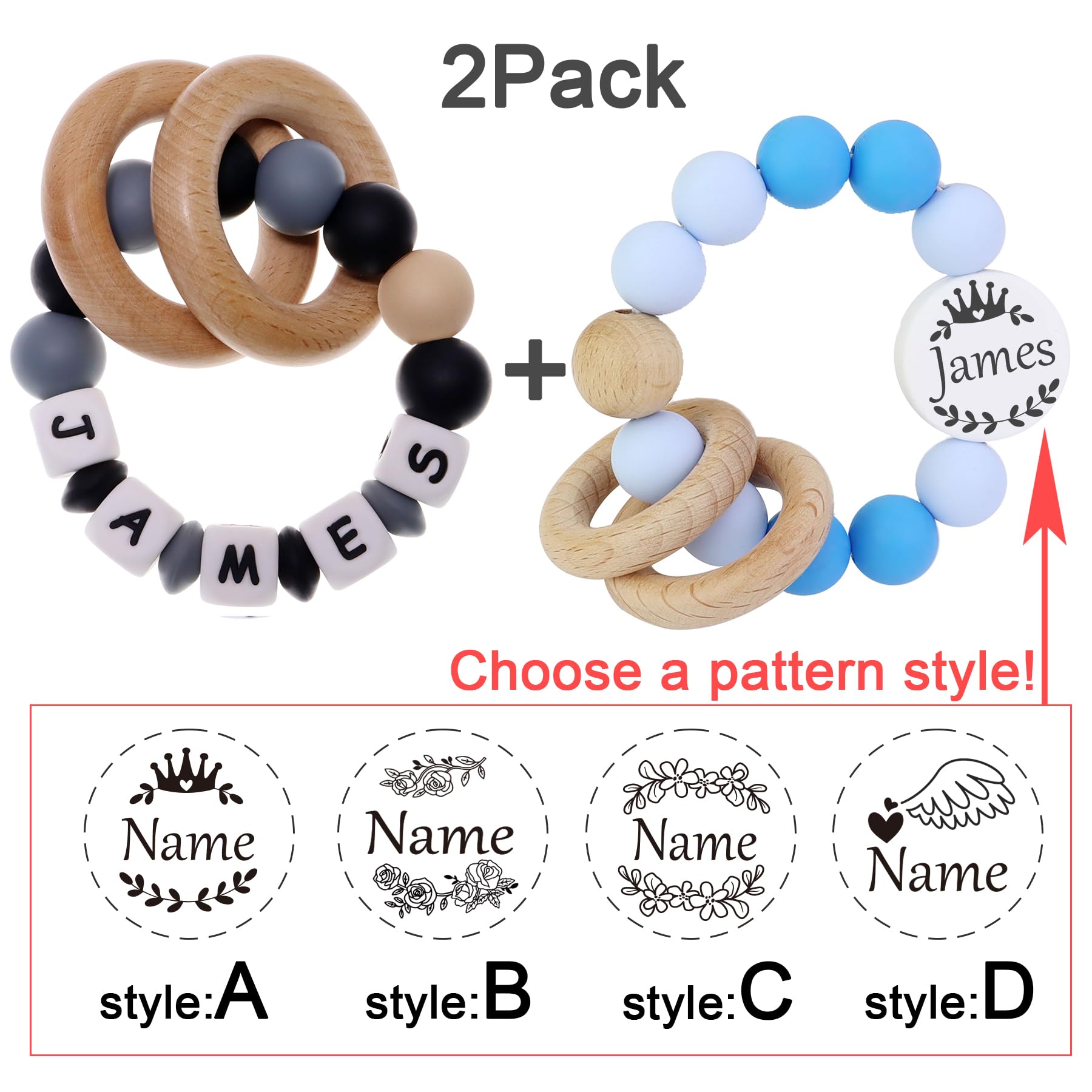 2Pack - Personalized Gift Rattle with Name for Boys and Girls,Customized Wooden Rattle Ring,Custom Keepsake Rattle Baby Gift