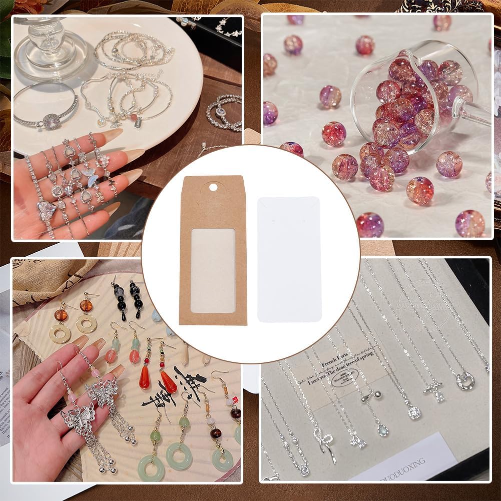 Beebeecraft 30 Sets Jewelry Display Cards with Bags Clear PVC Window Kraft Paper for Stud Earring Necklace Holder Selling Packaging Showcase