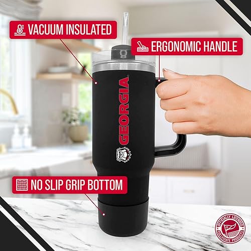 Miniatura 3 de Campus Colors College & University - Vaso de viaje con asa, tapa de doble opción con popote, acero inoxidable aislado al vacío (Georgia Bulldogs,