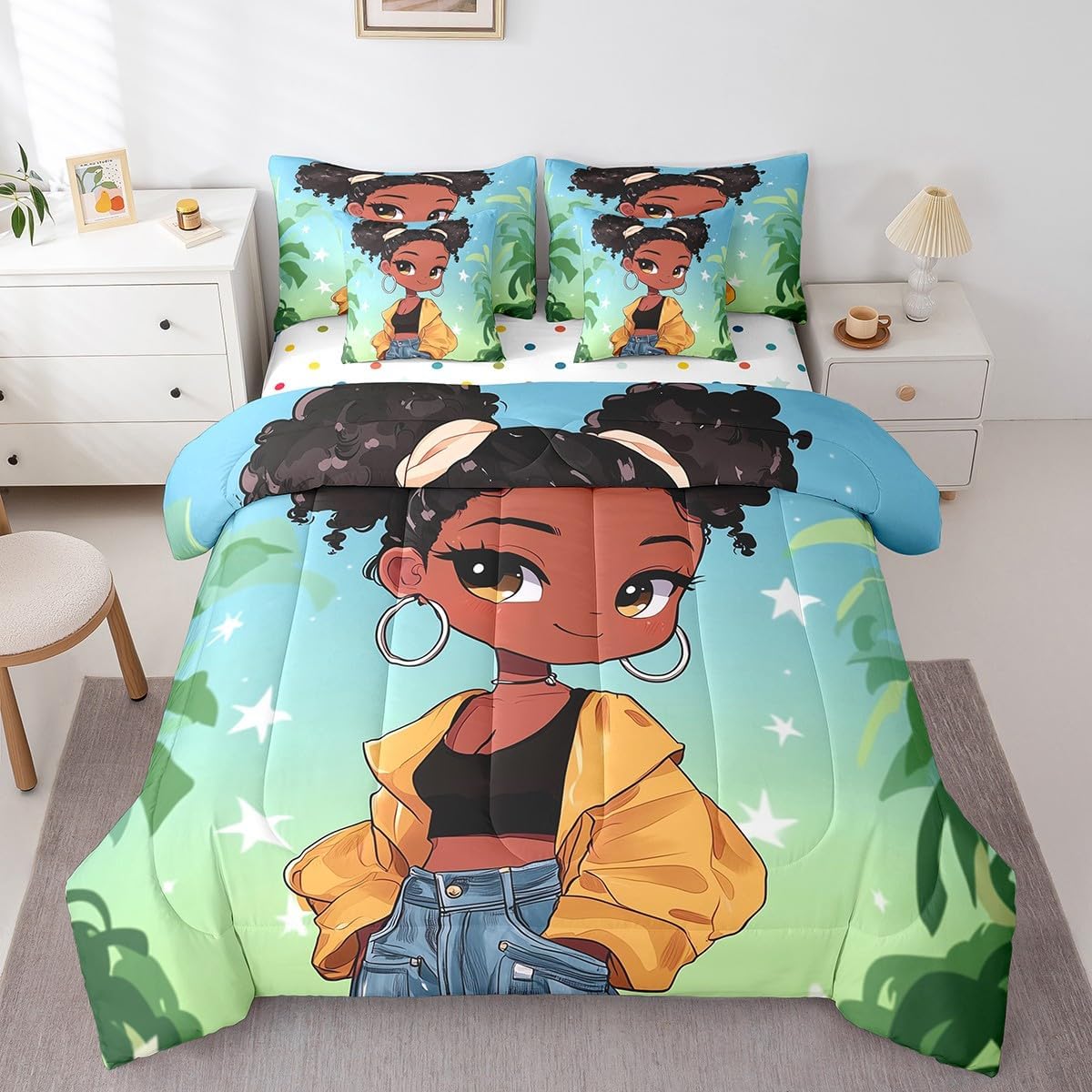 Black Girls Bed in a Bag Twin for Kids Teens 7 Piece,Girls Bedding Sets for Black Melanin,Black Girls Magic Comforter Set with Sheets,Afro Black Kids Bed Set Black Princess Room Decor Sheets