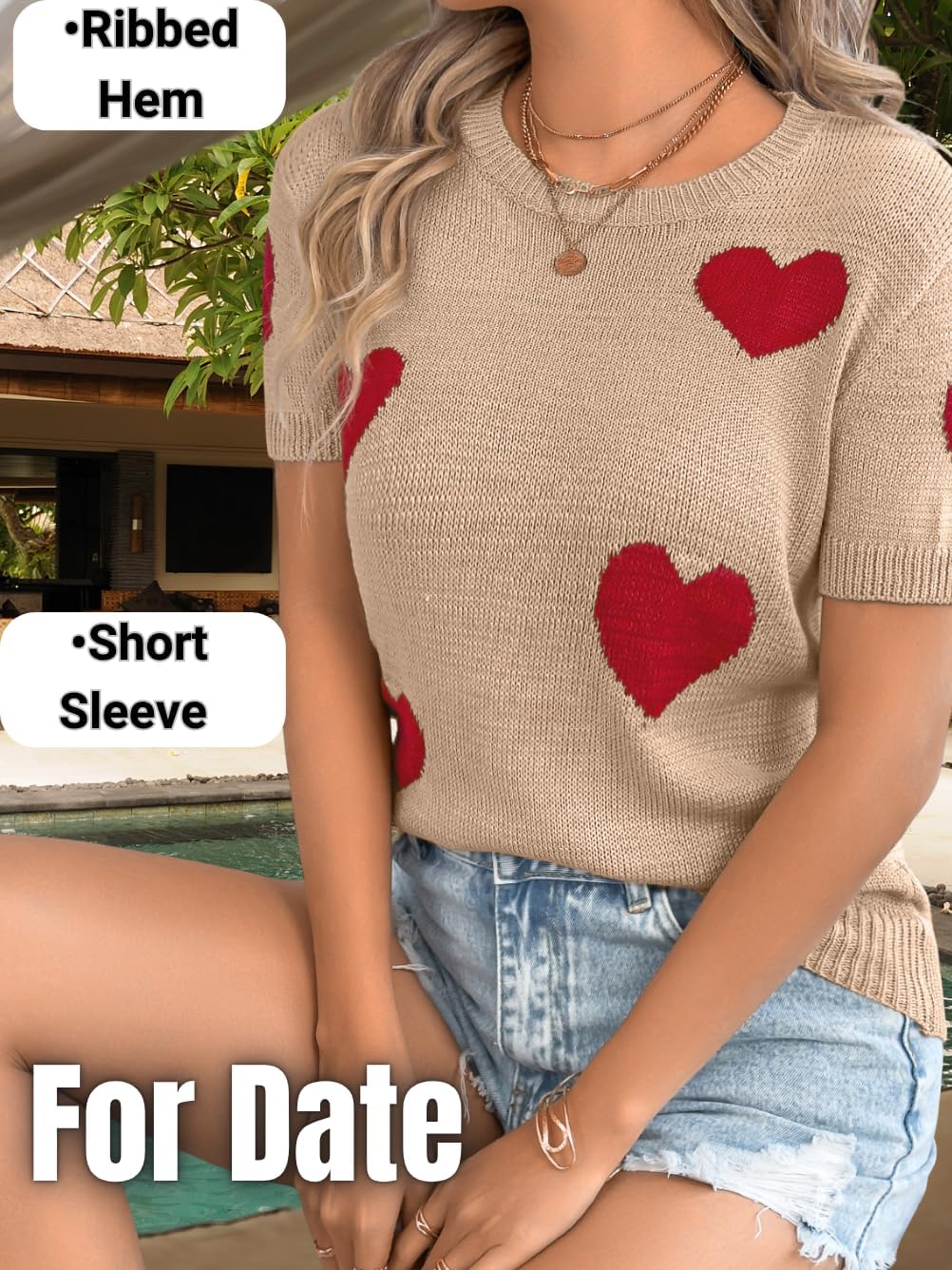Kaei&Shi Heart Short Sleeve Sweater,Summer Sweaters for Women Lightweight,Dressy Casual Valentines Knit Tops - Image 6