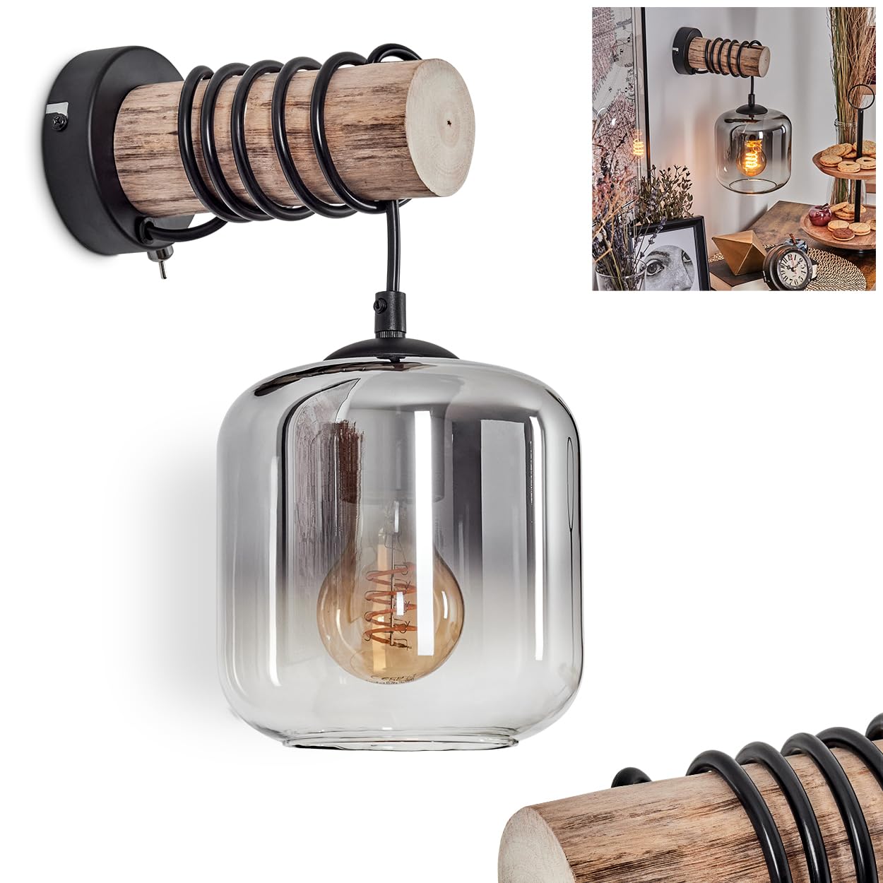 Lauden wall Light, wall lamp Made of Metal/Wood/Glass in Black/Natural/Smoke Colour/Clear, Light in Retro/Vintage Design, Glass Shade (Ø 15cm) and on/Off Switch on housing, 1 x E27, Without Bulb