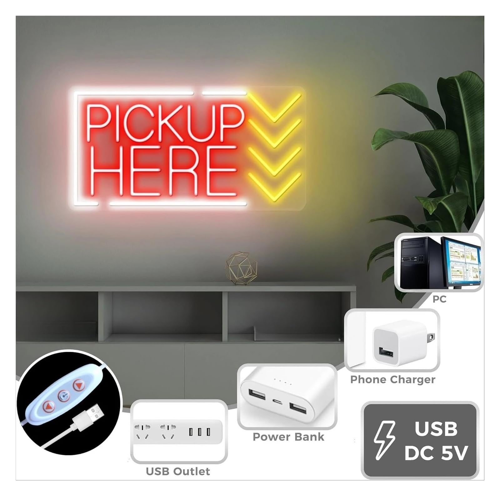 Wiszące neony artystyczne Pick Up Here Neonowe Światło LED Ściemnialne Do Baru, Klubu, Hotelu, Sklepu, Kawiarni, Biura, Dekoracji, Sztuki, Biznesu, Zasilania Przez USB, 42cmx22cm