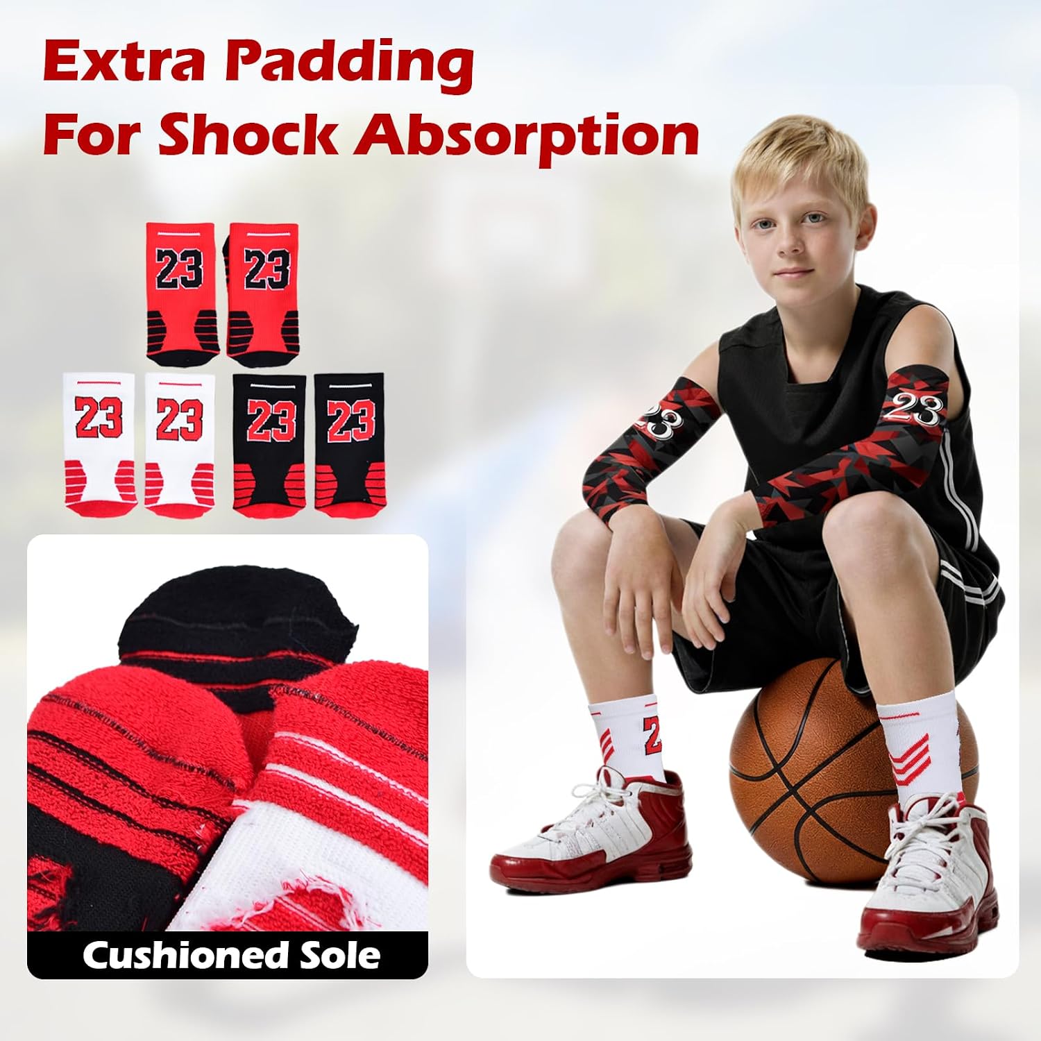 Youth Boys Basketball Crew Socks with Arm Sleeves, Lucky Number Thickened Sports Socks for Kids Team Uniform Gifts