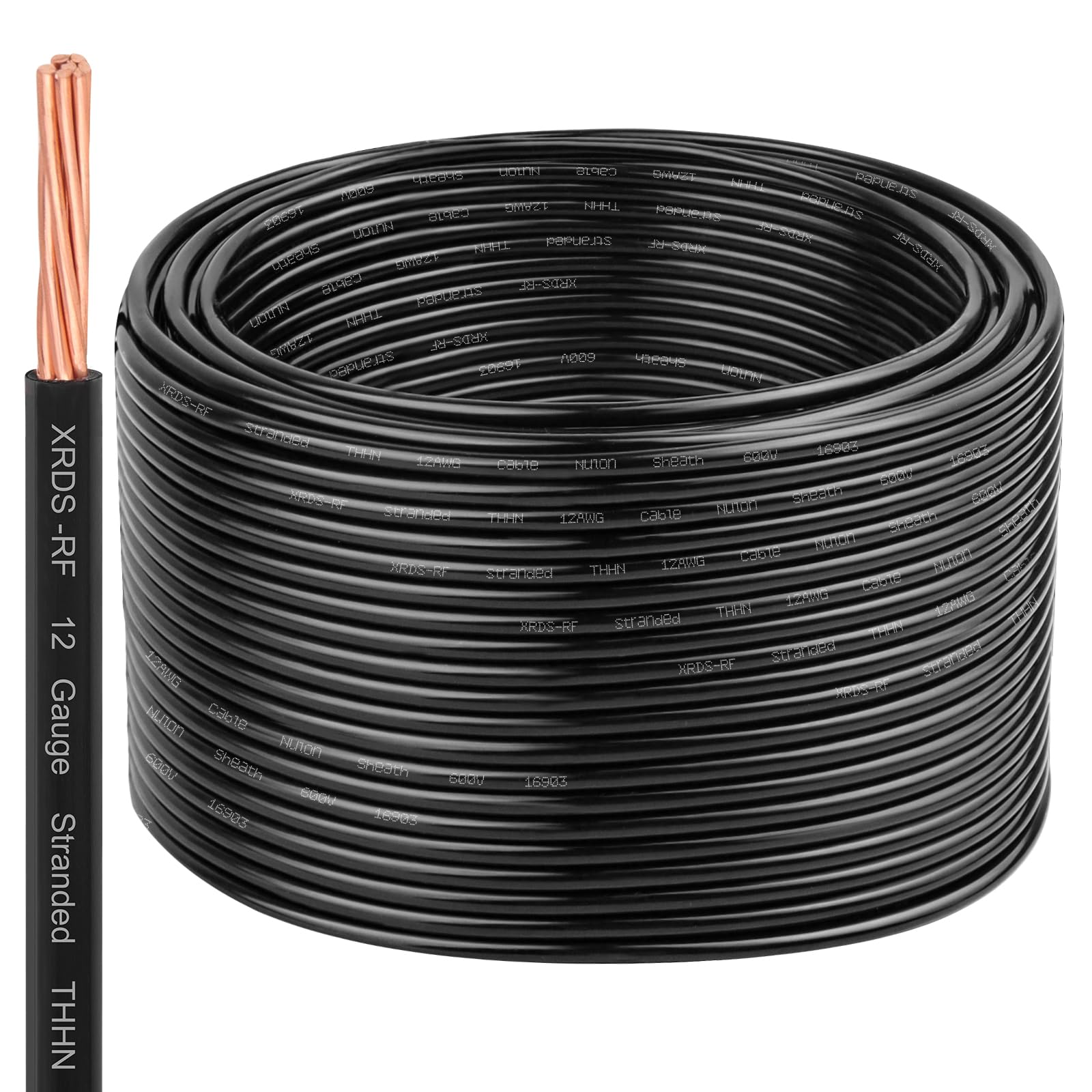XRDS -RF 12 AWG 200FT THHN Wire – Pure Copper Stranded Cable for Conduit Wiring Projects – Black – 600V Rated