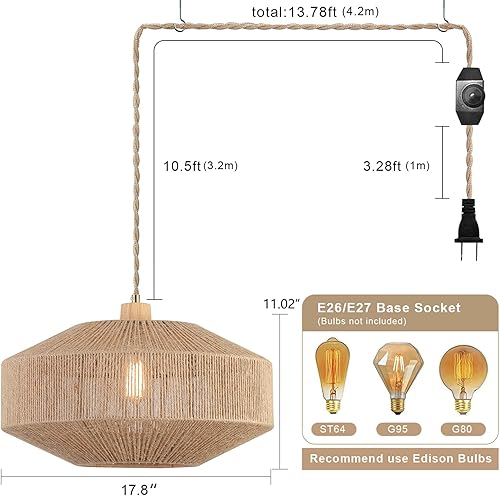 Miniatura 4 de Lámpara colgante tejida de color negro bohemio y moderno, con una sola luz, ajustable, rústica, cuerda de cáñamo, iluminación colgante para cocina,