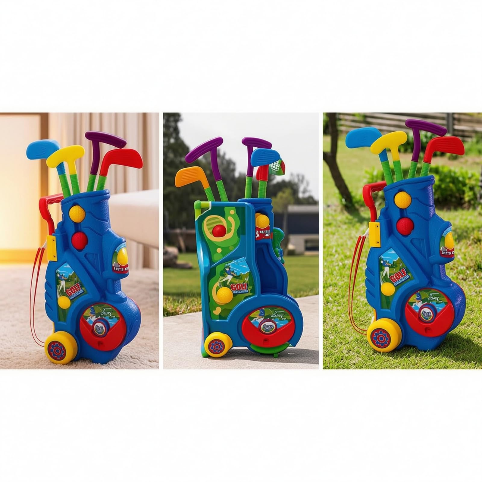 Juego Golf Infantil con Carrito Portátil Juego Golf con Alfombra Putt Ligero para Jardín