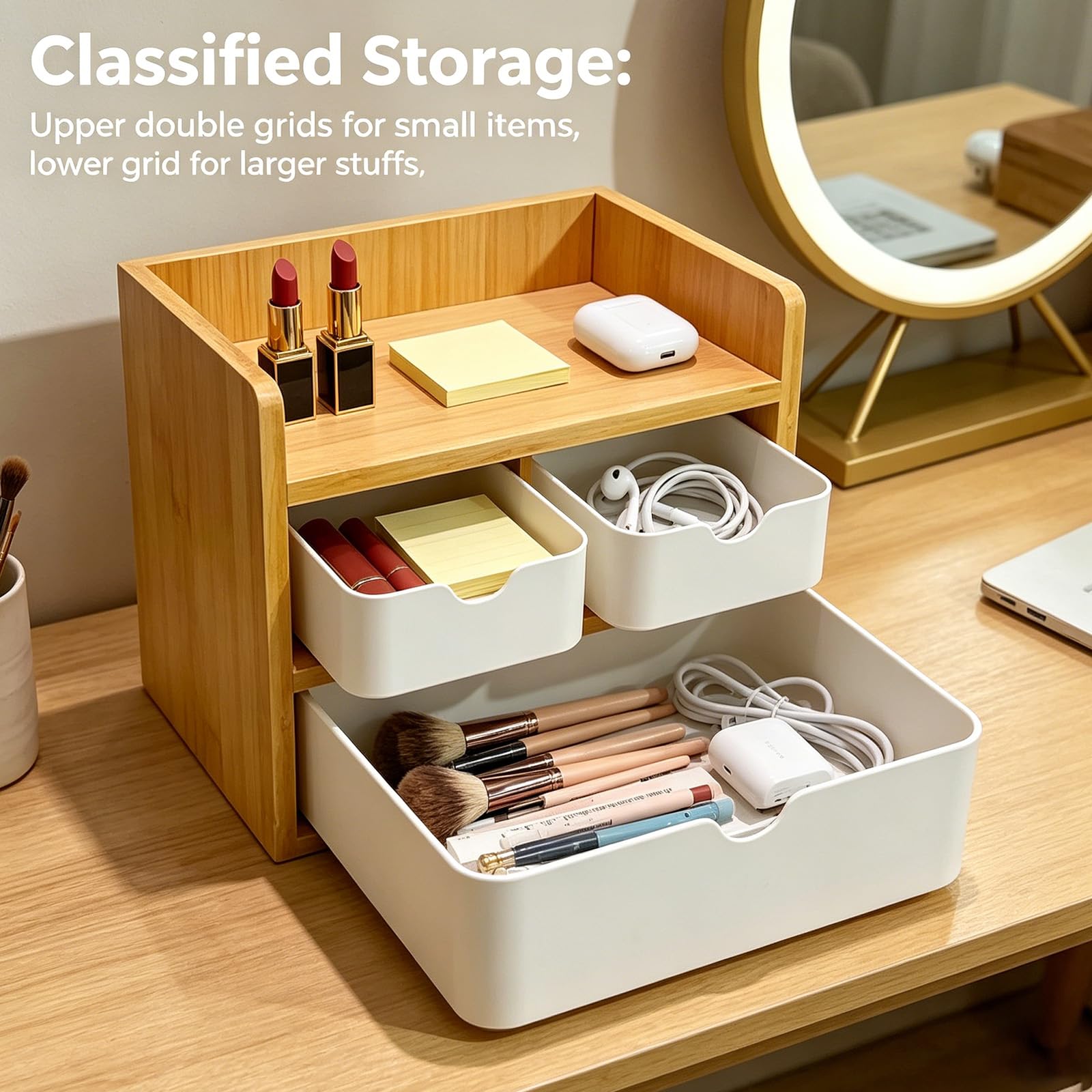 Schreibtisch Organizer, Schreibtisch Organizer mit schubladen Holz und Bambus, vielseitige Aufbewahrungsbox für Schulmaterial, Schmuck, Kosmetik und Schreibwaren