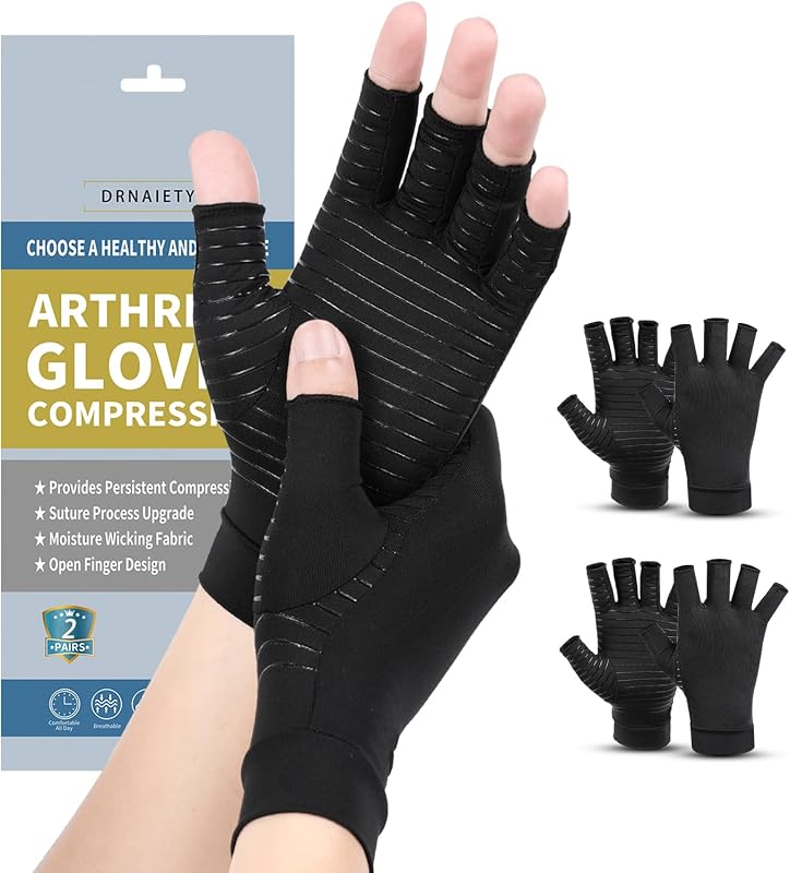 DRNAIETY 2 Pairs Copper Arthritis Compression Gloves for Women and Men | for Arthritis Hand Pain, Swelling, Stiffness, RSI, Anti-Slip, Fingerless, Comfortable for Work Typing, Kept in Motion (M)