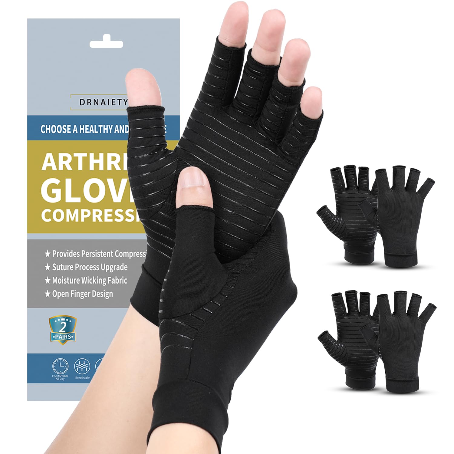 DRNAIETY 2 Pairs Copper Arthritis Compression Gloves for Women and Men for Arthritis Hand Pain Anti-Slip Fingerless Comfortable