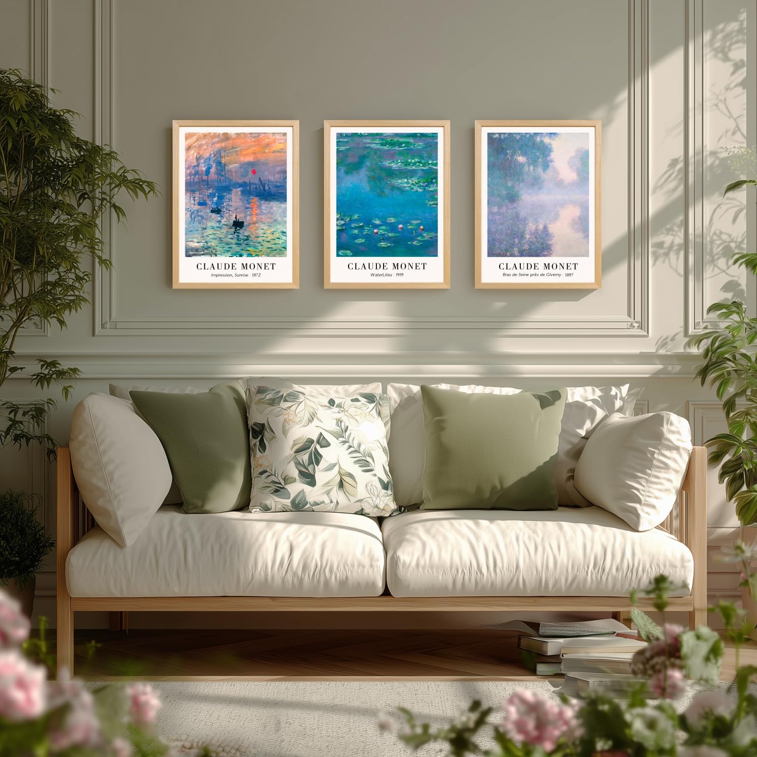 Cyebmo Vintage Botanical Wall Art Set of 3, Claude Monet Water Lilies Art Prints, Impression Sunrise Water Lilies Seine River Poster Prints for Living Room Bedroom Bathroom Wood Framed 16"x24"x3