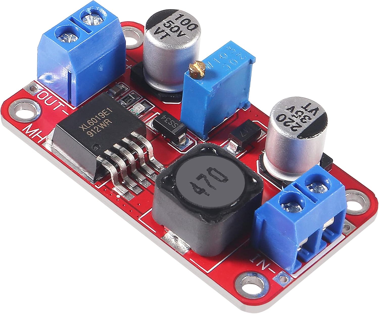 Close-up of the adjustable potentiometer on the XL6019 module