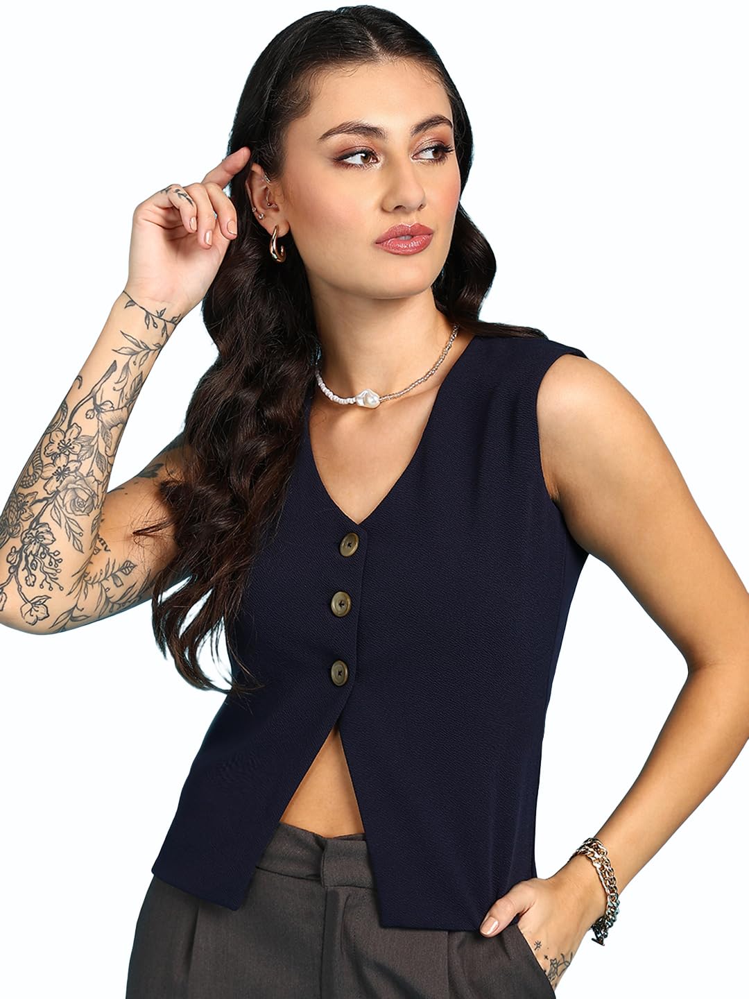 saffe Women's Sleeveless Solid Body Fitted Round Neck Navy Tank Top-picture-17